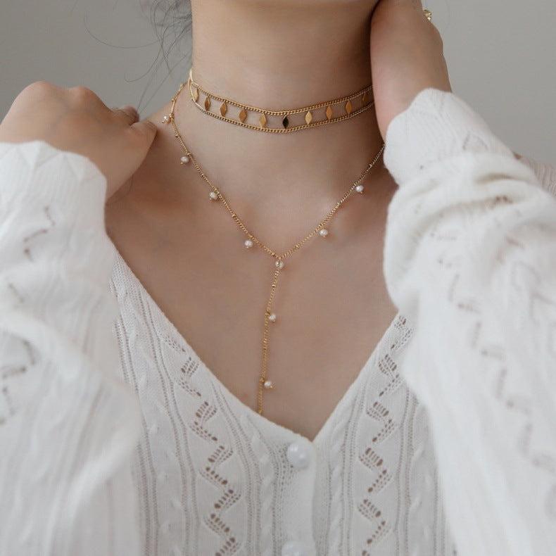 18K Gold Sequin Layering Choker Necklace for Women - Elegant Clavicle Chain with Sparkling Crystals | Perfect for Parties, Weddings, and Date Nights (P555)