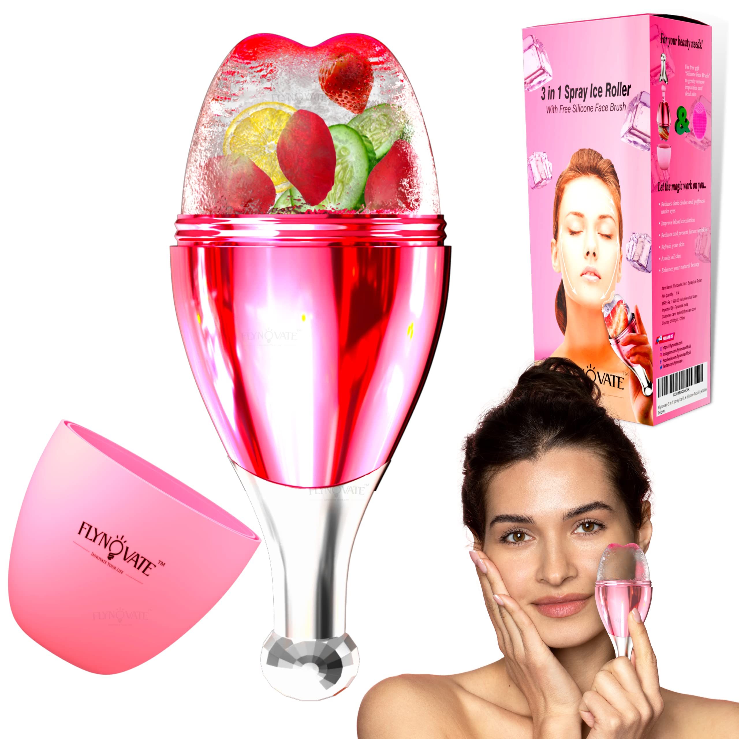 Flynovate 3-in-1 Cooling Face Massager - Reusable Anti-Aging Ice Roller with Sprayer & Silicone Brush for Glowing Skin & Dark Circle Relief | Perfect for Skincare Routine, Morning Refresh & Spa Treatments
