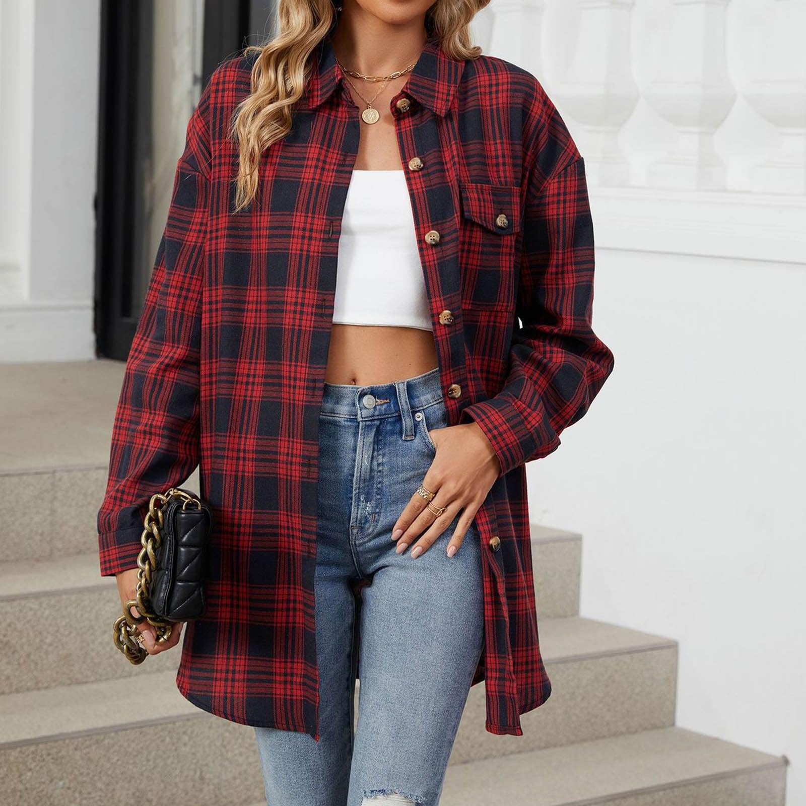 Women's Lightweight Long Sleeve Plaid Cardigan Sweater - Button Down Flannel Shirt with Pockets - Cozy Fall Layering Piece for Office, Casual Outings & Travel