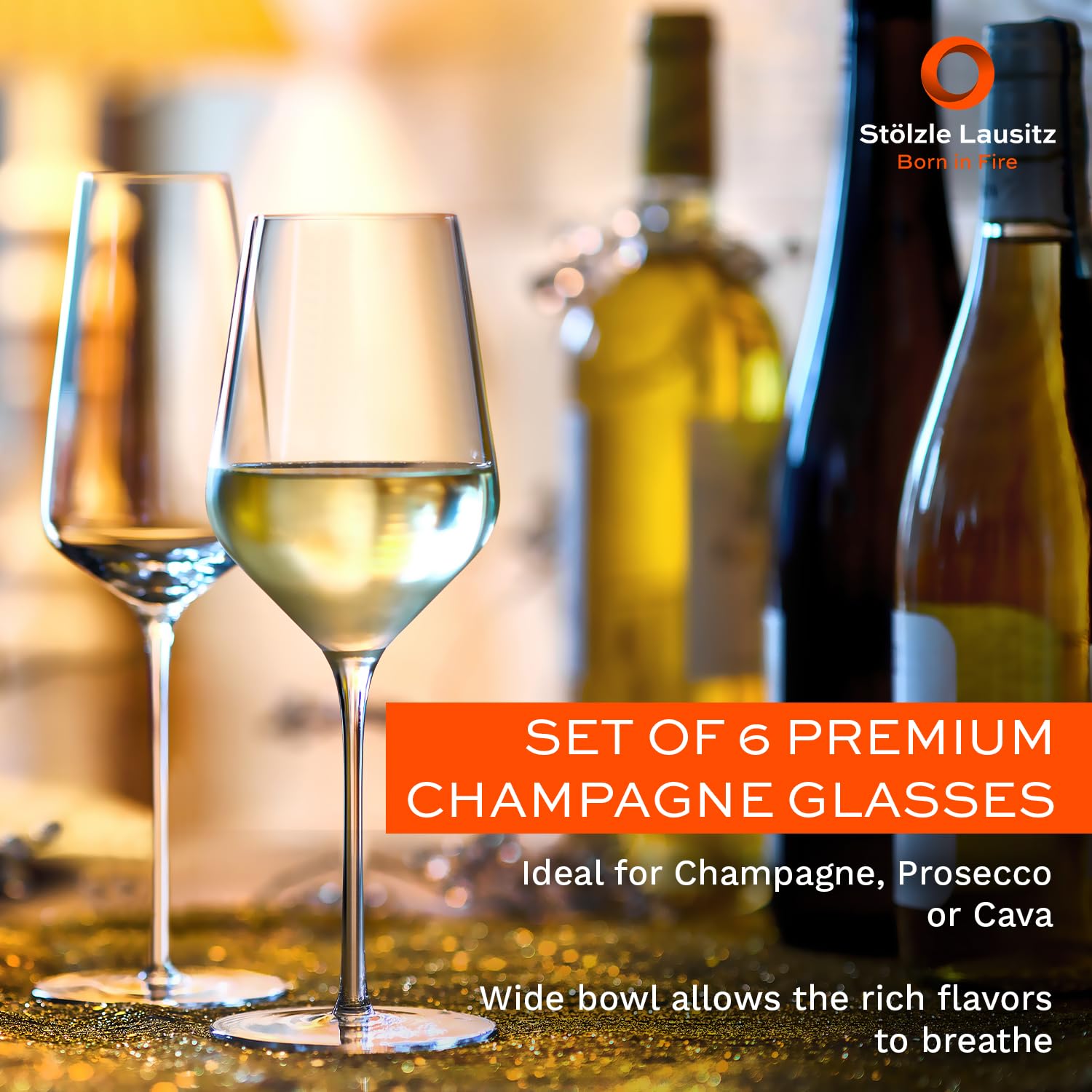 Premium Stölzle Lausitz 6-Piece Champagne Flute Set (STARlight Collection) - 9.75oz Crystal Clear Dishwasher-Safe Glasses for Mimosas & Sparkling Wine - Shatter-Resistant Elegant Glassware for Weddings, Parties & Special Occasions
