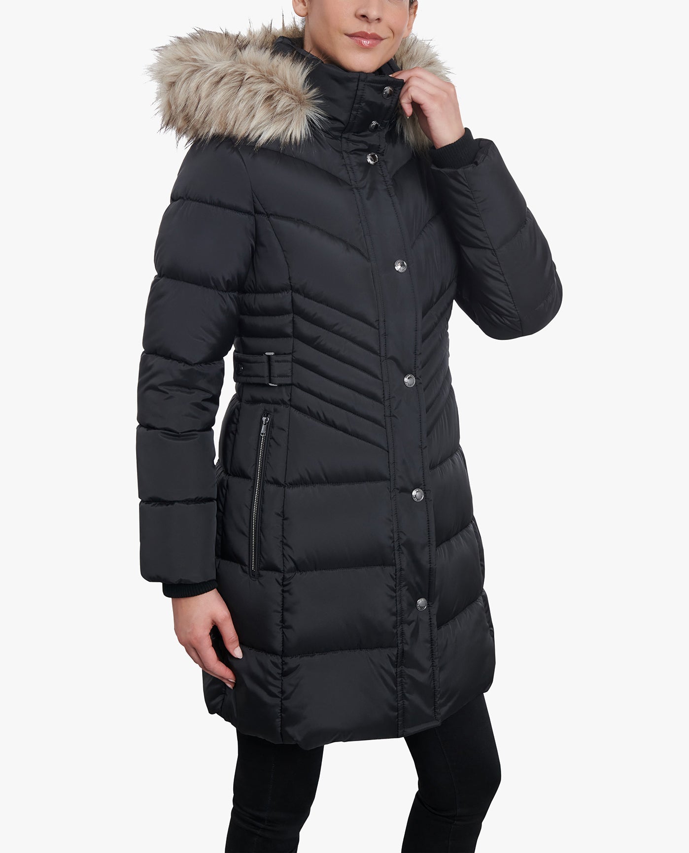 ZIP FRONT LONG PUFFER JACKET with Detachable FUR HOOD - Winter Coat for Women, Cold Weather Outerwear, Fashion Parka for Snow & Outdoor Activities