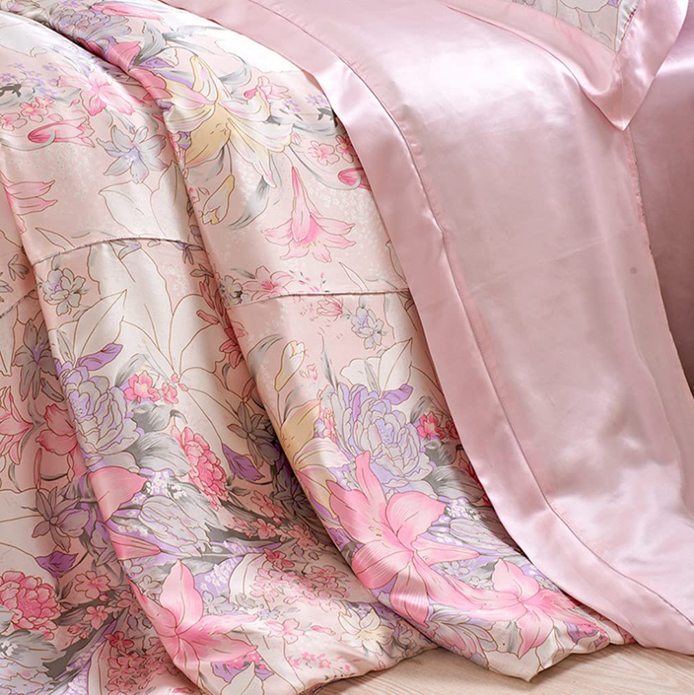 Maxfeel 100% Mulberry Silk Duvet Cover Set - Queen/King/Cal King Size Floral Print Charmuse Silk Bedding | Luxury Soft Comforter Cover for Master Bedroom, Guest Room & Hotel Use