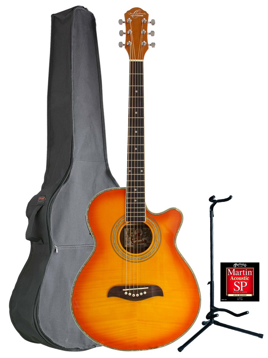 Oscar Schmidt by Washburn OG10CE Concert-Size Cutaway Acoustic-Electric Guitar with Gig Bag, Stand & Strings - Flame Yellow Sunburst | Perfect for Performances, Recording & Traveling Musicians