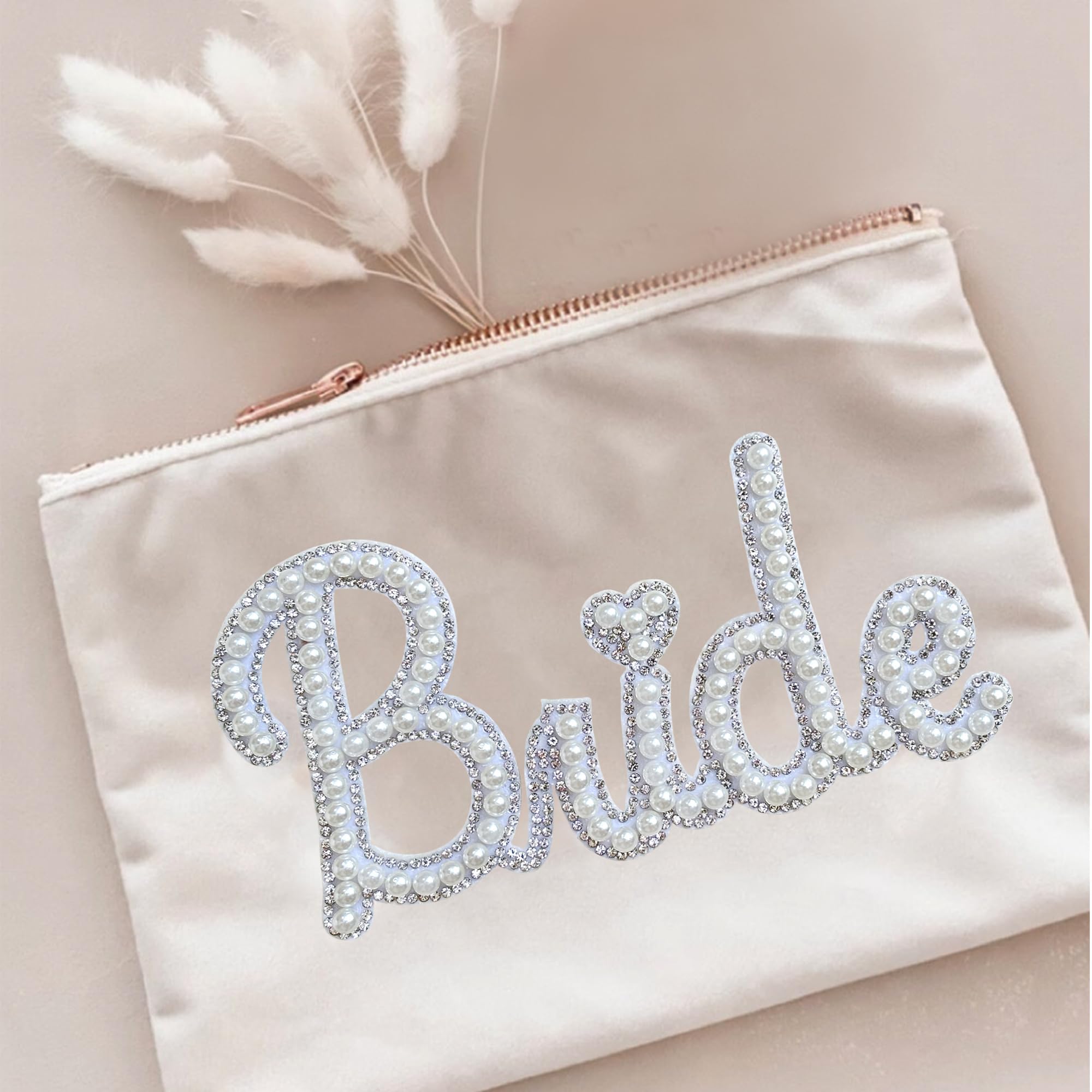 White Bride Iron-On Letter Patches with Pearls - Wedding Gift for Jackets, Bags & DIY Crafts - Perfect for Bridal Shower, Bachelorette Parties & Wedding Decorations