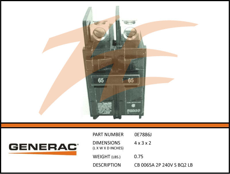 Generac 0E7886J 65A 2-Pole 240V Circuit Breaker - Replacement for Generac Generators, Home Backup Power Systems & Industrial Electrical Panels