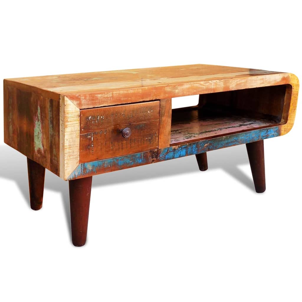 Rustic Reclaimed Wood Coffee Table with Curved Edge & Drawer - Perfect for Living Room, Lounge, and Cozy Home Decor