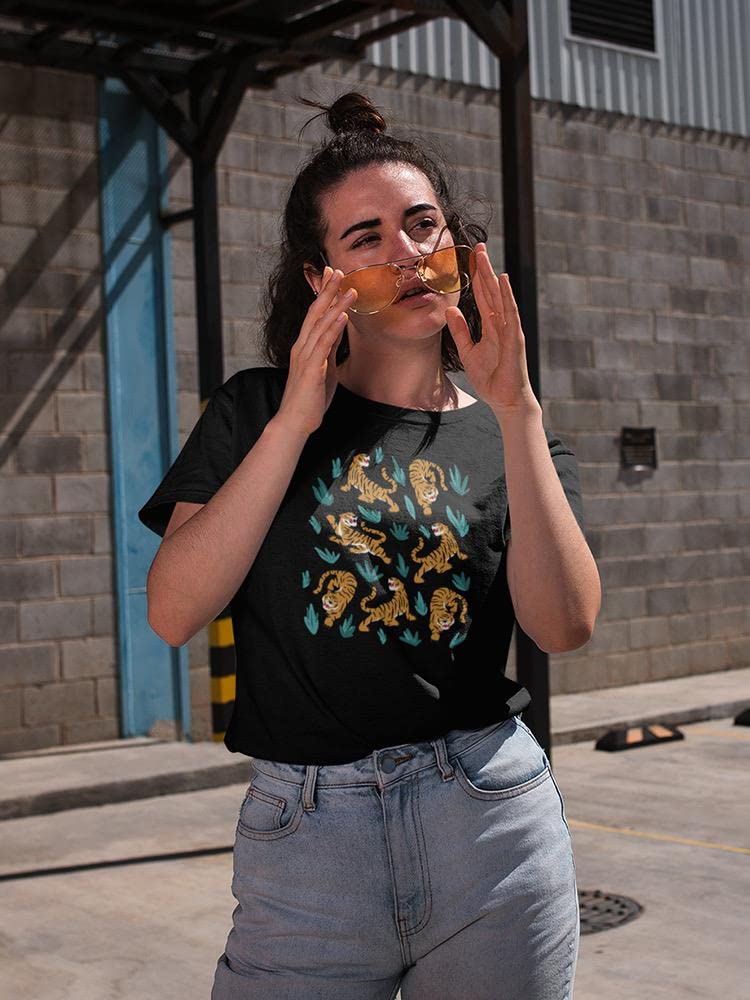 Women's Tigers and Plants Graphic T-Shirt - SmartPrintsInk Designs Black | Casual Wear, Street Style & Nature Lover Outfit