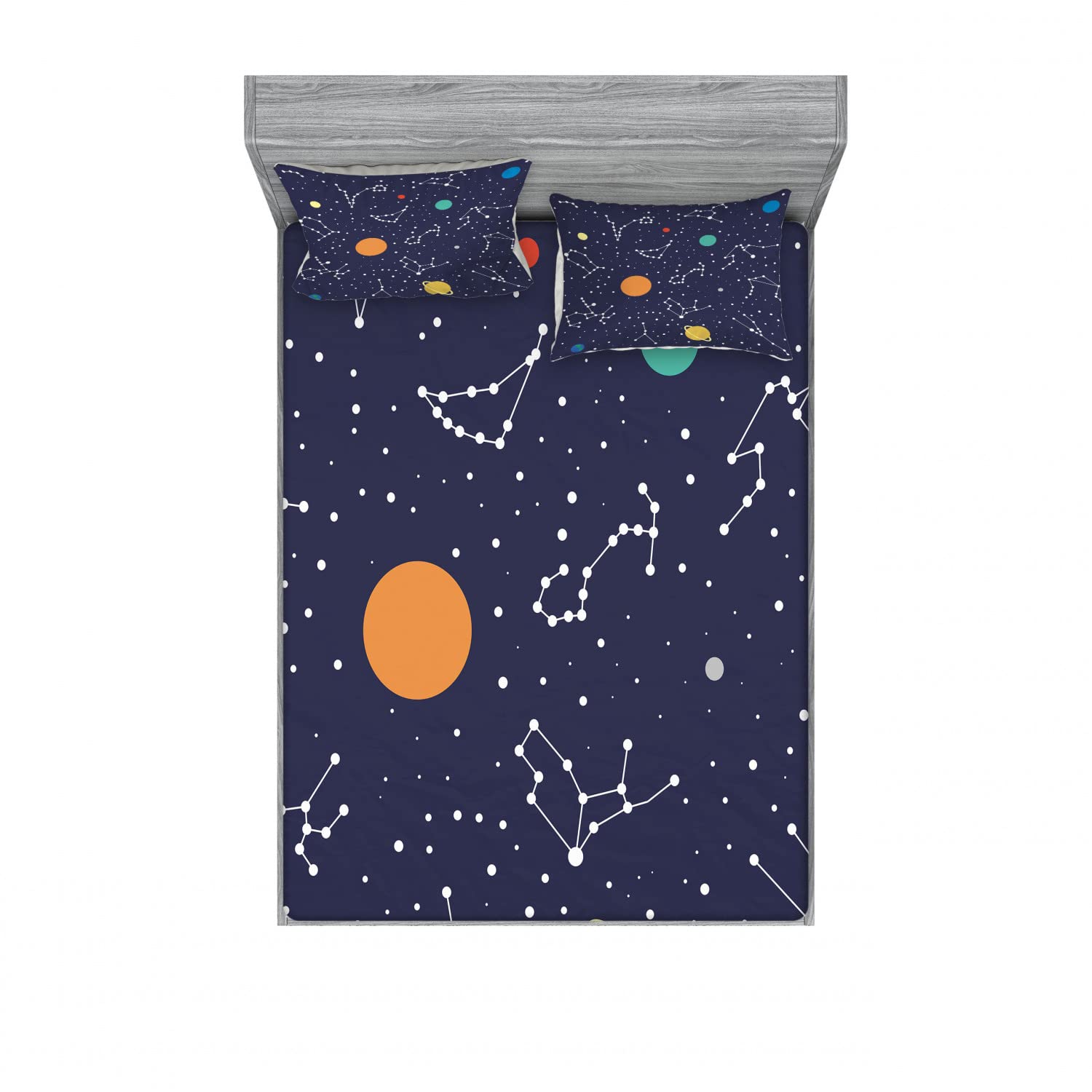 Ambesonne 2-Pack Queen Size Fitted Sheet & Pillow Sham Set - Zodiac Planets Print Bedding Collection (4-Piece Set, Multicolor) | Perfect for Astronomy Lovers' Bedroom Decor & Gift Ideas