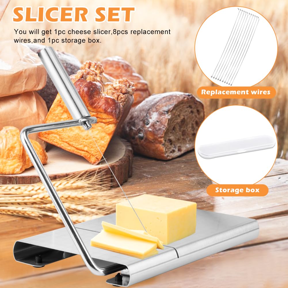 Premium Cheese Slicer Kit with 8 Replaceable Wires, Cutting Board & Measuring Grid - Adjustable for Cheese & Butter - Perfect for Kitchens, Delis & Gourmet Food Preparation