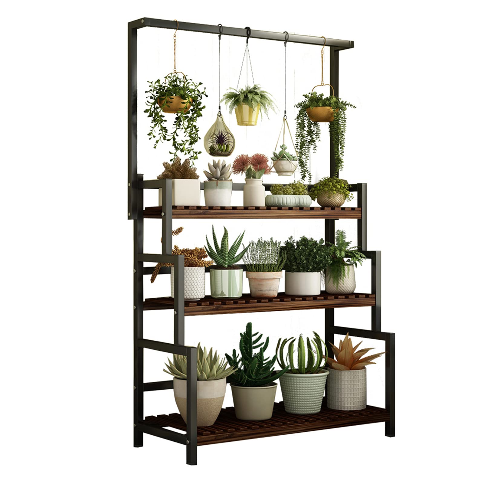 3-Tier Black Metal Hanging Plant Stand - Heavy Duty Indoor/Outdoor Flower Pot Organizer Rack (31.4