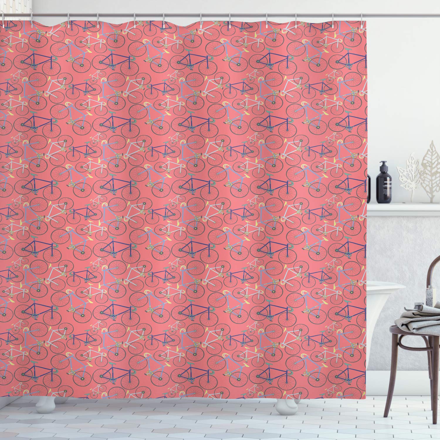 Ambesonne Vintage Bike Shower Curtain - Colorful Retro Racing Bicycles Pattern, 69x70 Inch Fabric Bathroom Decor with Hooks, Coral & Multicolor | Perfect for Cycling Enthusiasts & Vintage Style Bathrooms