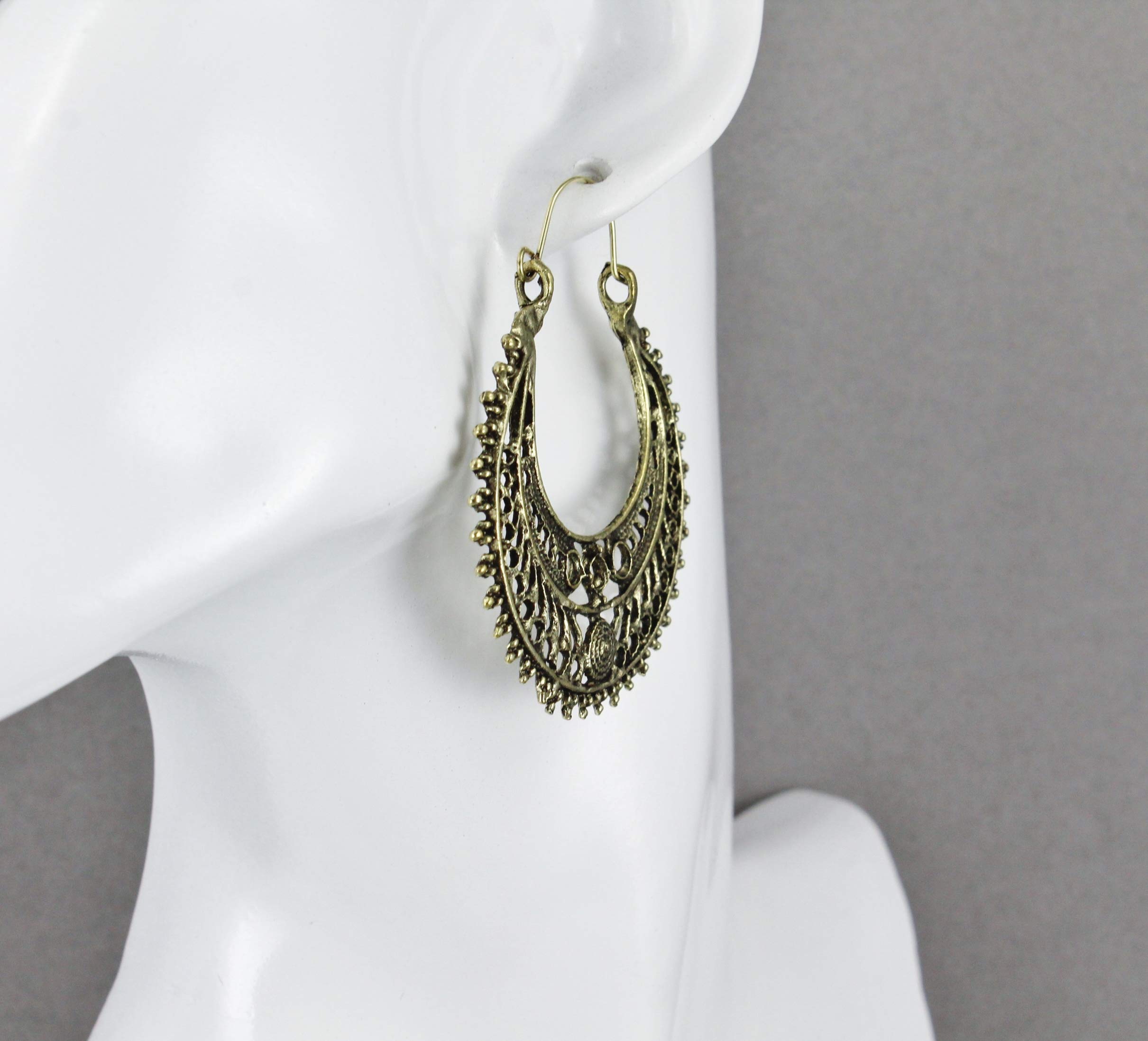 Antique Silver Gold Hoop Earrings with Filigree Medallion - 1 7/8