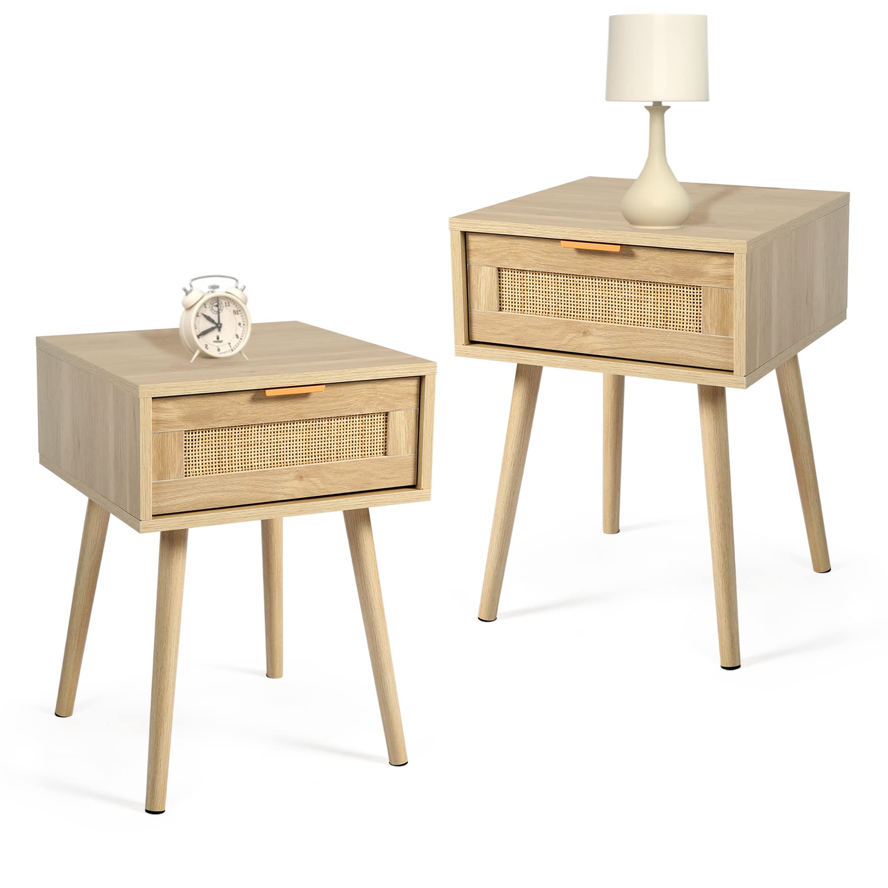 Mid-Century Modern Night Stands Set of 2 - Solid Wood Bedside Tables with Storage Drawer for Bedroom, Living Room & Office Use
