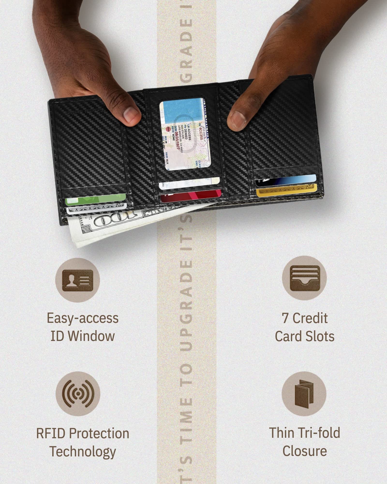Slim RFID Blocking Trifold Wallet for Men - Genuine Leather Front Pocket Wallet with ID Window - Secure Personal Data - Perfect Gift for Dad, Husband & Boyfriend (Office, Travel & Everyday Use)