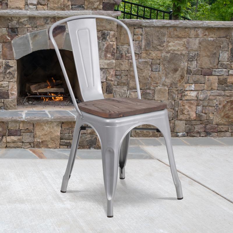 FLASH Perry Metal Stackable Chair with Wood Seat - Modern Dining Chairs for Kitchen, Restaurant, Cafe & Outdoor Use - Sturdy & Space-Saving Design
