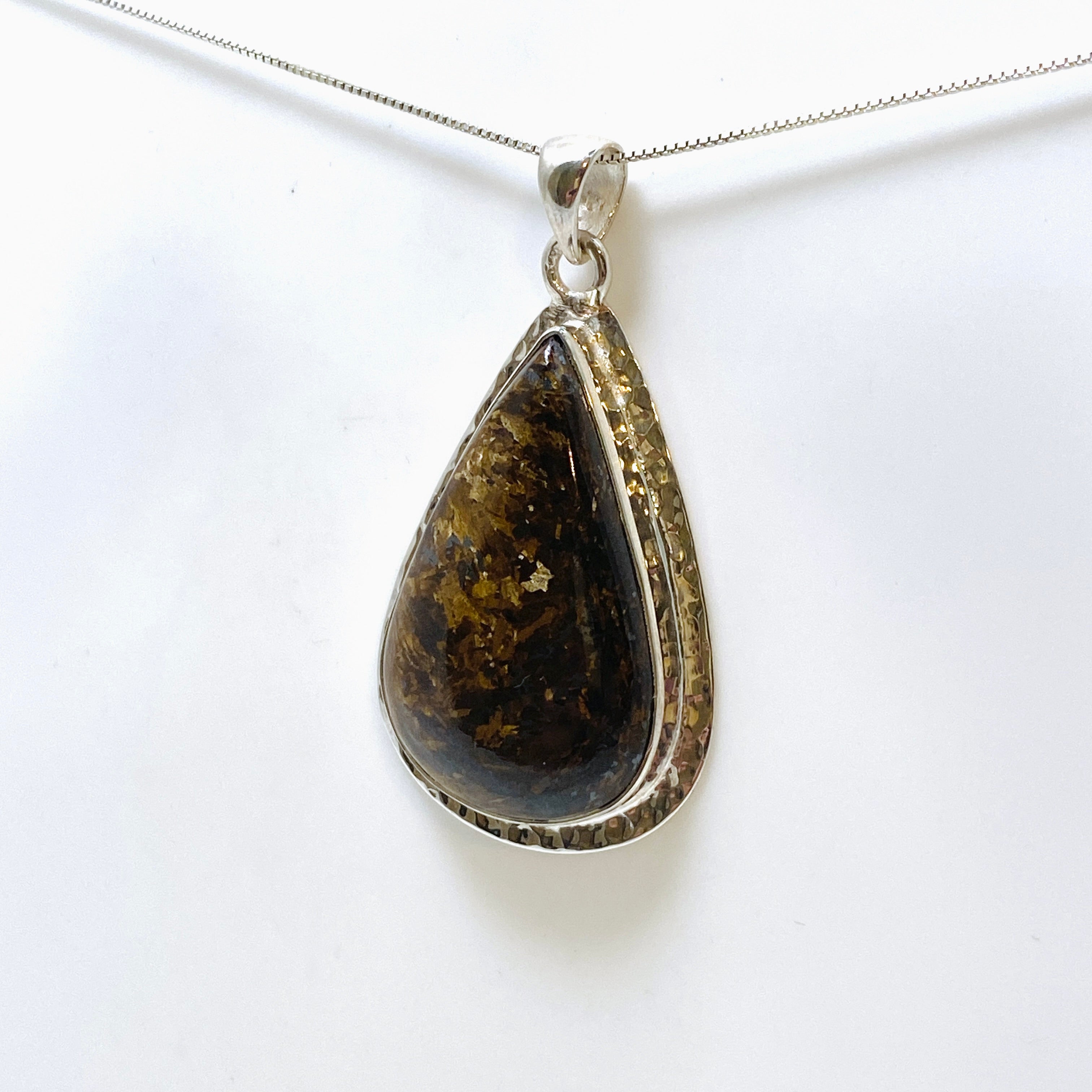 Natural Bronzite Teardrop Cabochon Pendant in Hammered Sterling Silver Setting KPGJ4842 | Healing Crystal Jewelry for Meditation & Energy Balance