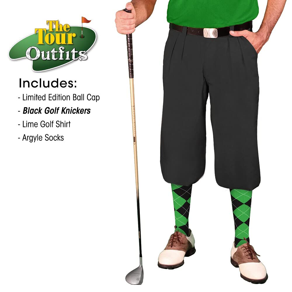 Men's Stylish Black Microfiber Outfit Set - Limited Edition Ball Cap, Over-The-Calf Argyle Socks & Lime Golf Shirt | Perfect for Golfing, Casual Wear & Outdoor Activities