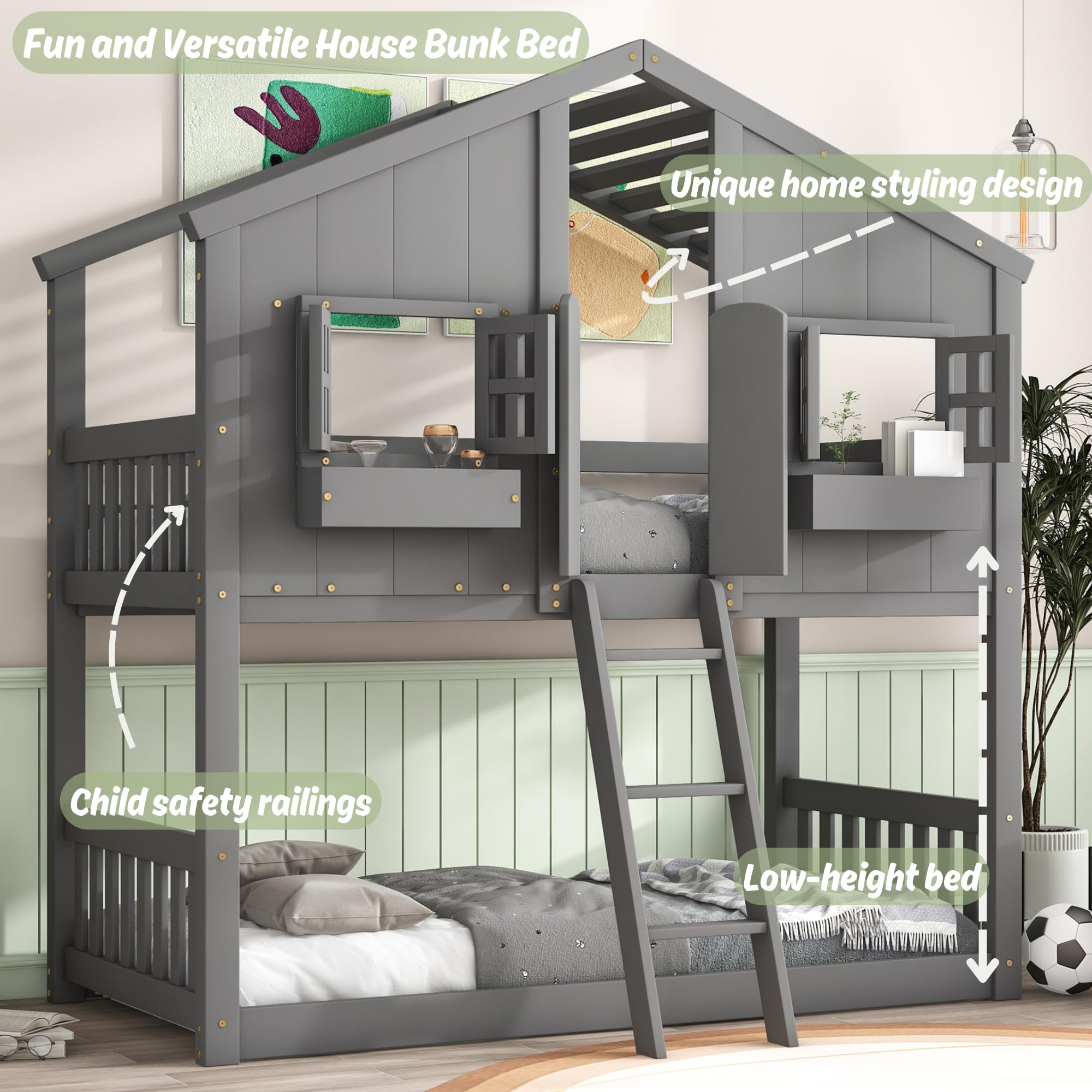 MERITLINE Twin Over Twin Wooden House Bunk Bed with Roof, Window, Window Box & Door - Grey Kids Bunk Bed for Boys, Girls & Teens | Perfect for Small Bedrooms, Shared Kids Rooms & Space-Saving Sleep Solutions