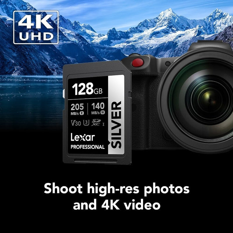 Lexar Professional Silver & Silver Pro SDXC Memory Card 128GB - High-Speed UHS-I for DSLR, Cameras, Drones - Perfect for 4K Video & Burst Mode Photography