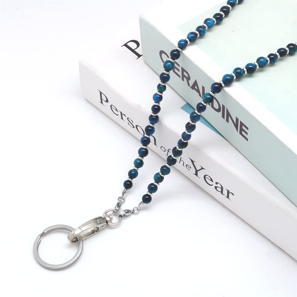 Beaded Lanyard for Women - ID Badge Holder & Keychain Necklace for Teachers & Office Use (Blue Tiger Eye)