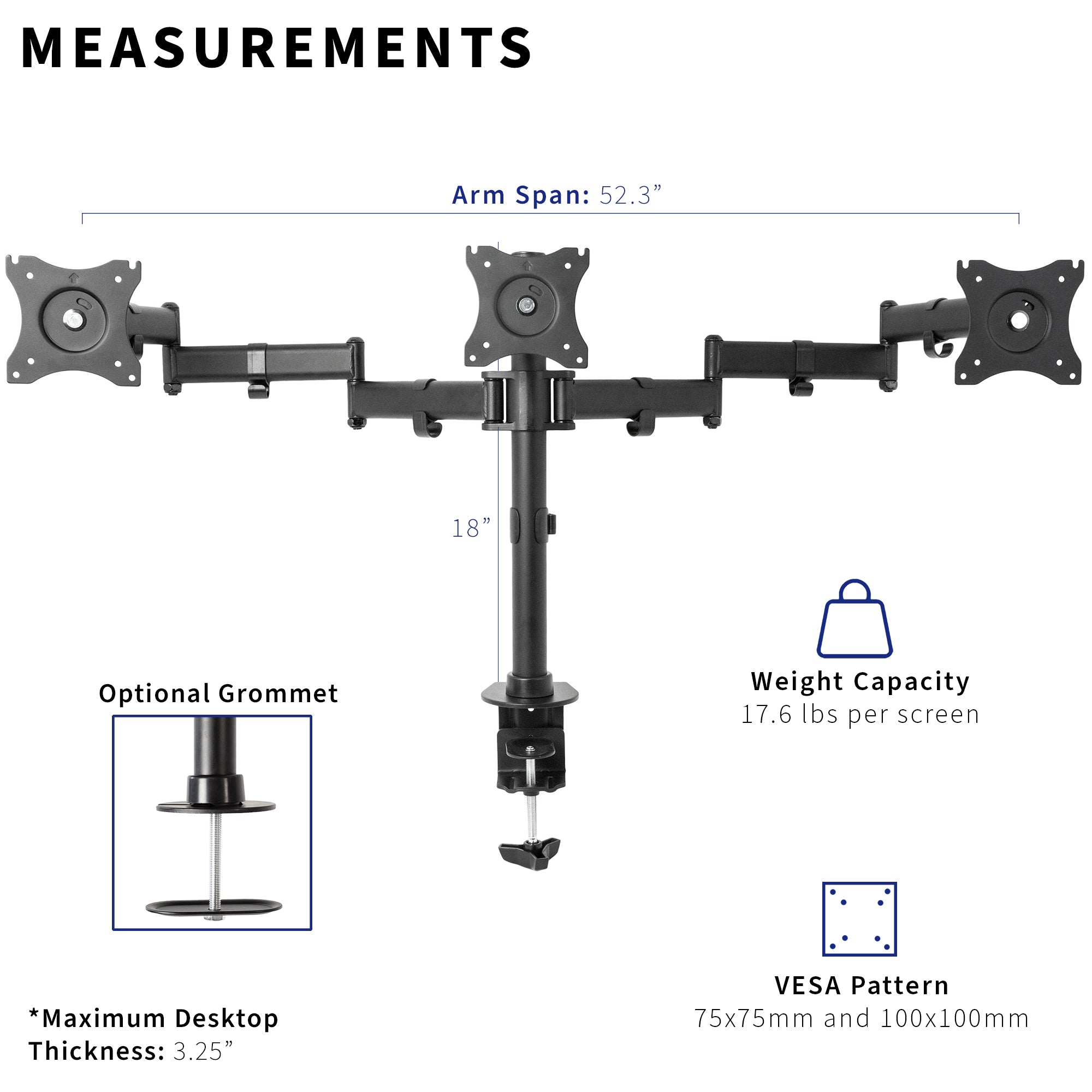 Triple Monitor Stand for 13 to 24 Inch Screens - Adjustable Desk Mount for Home Office, Gaming & Work Setup