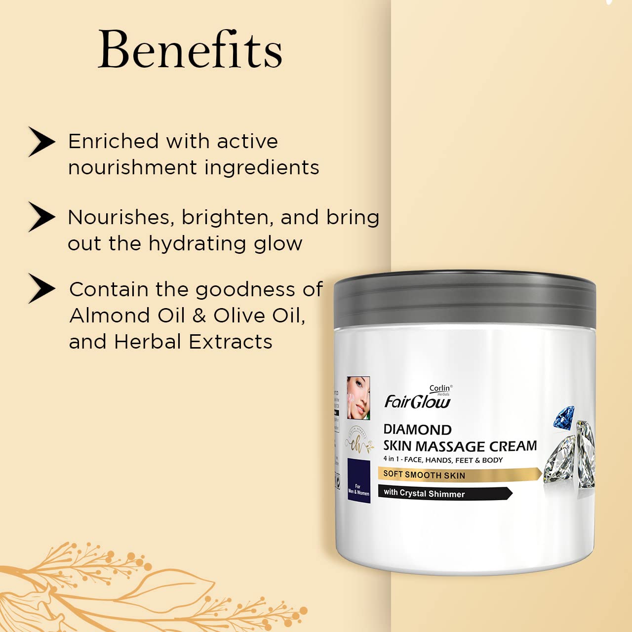Corlin Fair Glow Diamond Skin Massage Cream 800g - 4-in-1 Moisturizing Cream for Face, Hands, Feet & Body with Crystal Shimmer | Hydrating & Brightening Skincare for Men & Women | Perfect for Daily Use, Spa Nights & Special Occasions