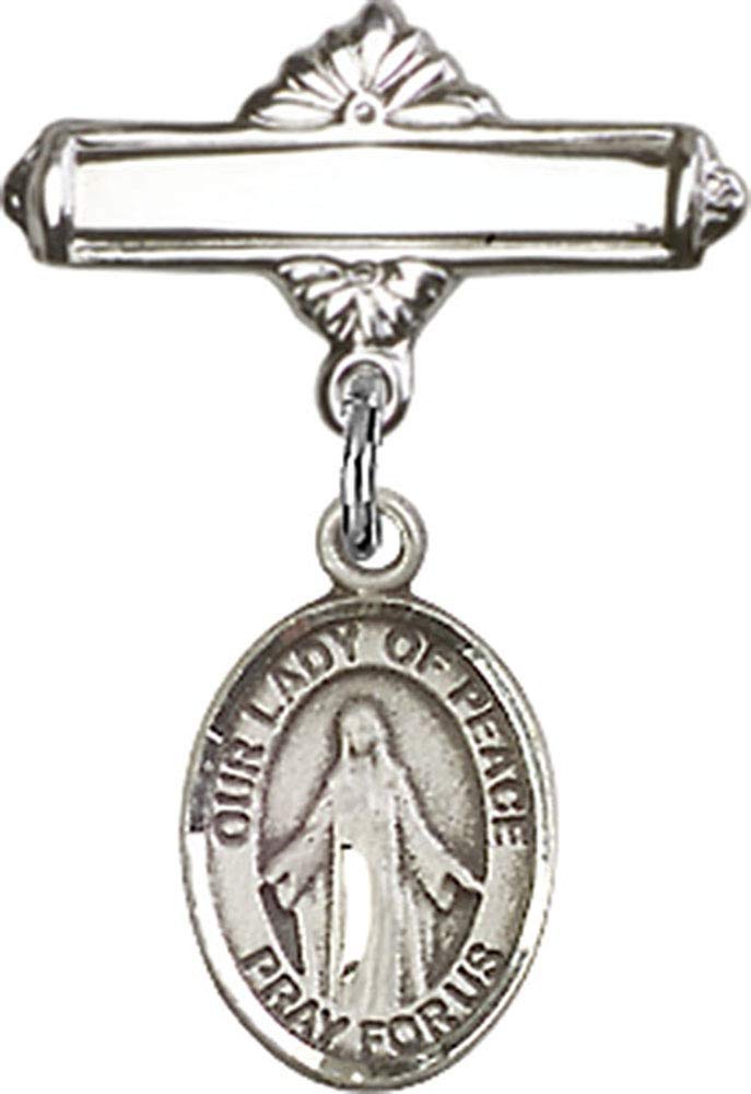 Sterling Silver Baby Badge with Our Lady of Peace Charm - Polished Pin for Christening, Baptism & First Communion Gifts - Handcrafted in USA