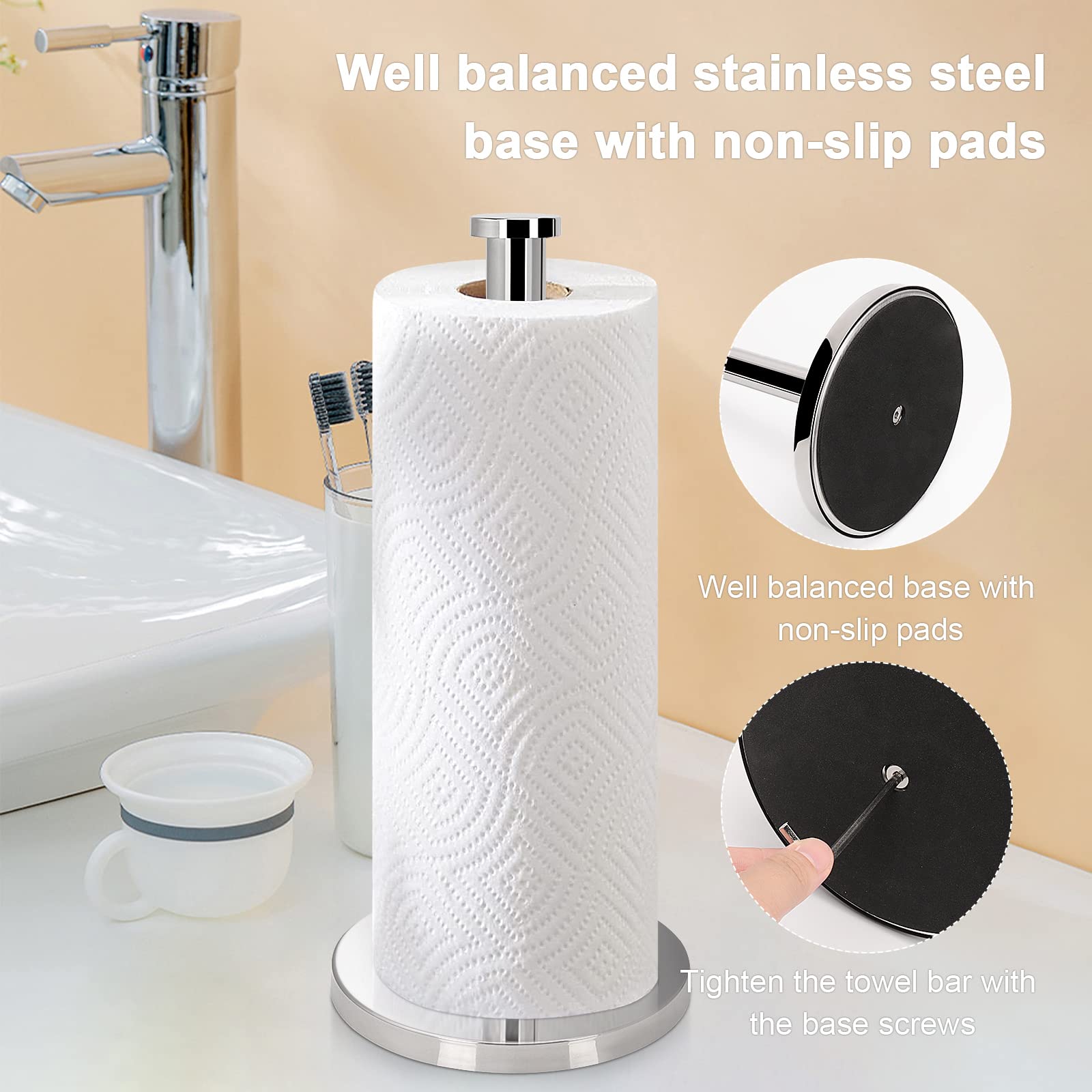 NearMoon Standing Paper Towel Holder - Stainless Steel Base with Chrome Finish for Kitchen & Bathroom | Fits Standard & Jumbo Rolls | Countertop Organizer for Home & Office Use