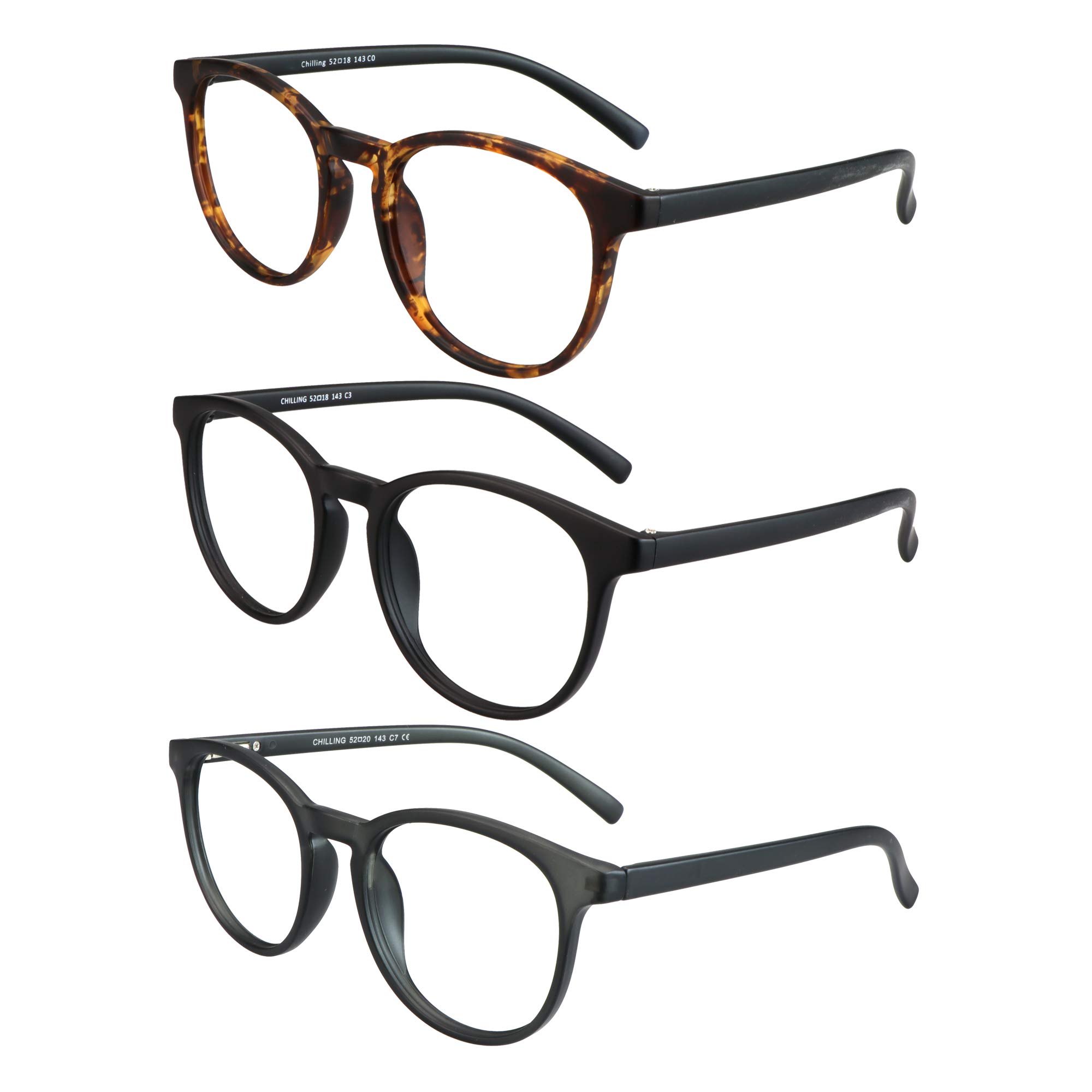 3 Pack Blue Light Blocking Glasses for Women & Men - Anti Glare Computer Reading Glasses with Round Frame (Tortoise, Black, Grey) - No Magnification for Digital Eye Strain Relief - Perfect for Office Work, Gaming & Screen Time