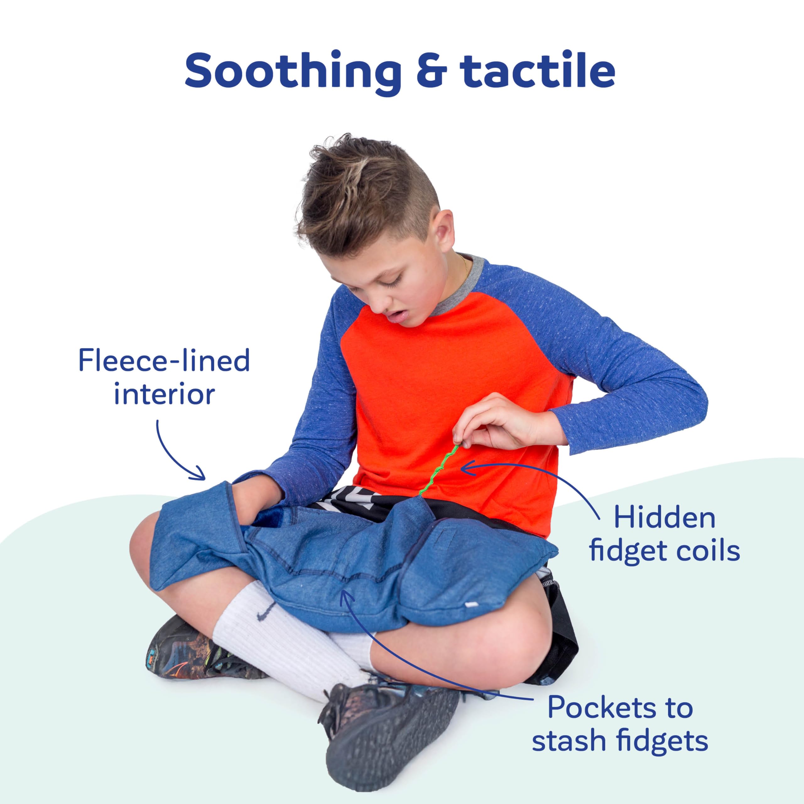 Weighted Denim Lap Pad with Built-in Fidget Toys & Pockets - 6 lbs Sensory Fidget Pillow for Kids, Teens & Adults - Perfect for Anxiety Relief, Focus Improvement, and Sensory Processing Needs - Great for Classrooms, Therapy Sessions, and Home Use