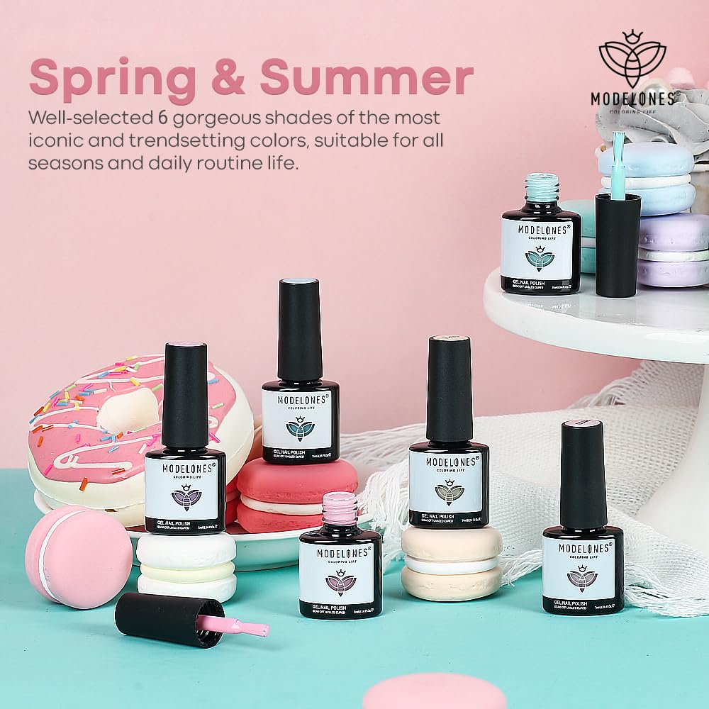 Modelones Gel Nail Polish Kit - 6 Colors Summer Collection (Pink, Green, White, Black) | Soak Off UV LED Nail Polish Set for DIY Manicure & Nail Art | Perfect for Salon, Home Use & Gift Giving | Great for Summer Nails, Parties, Weddings & Special Occasions