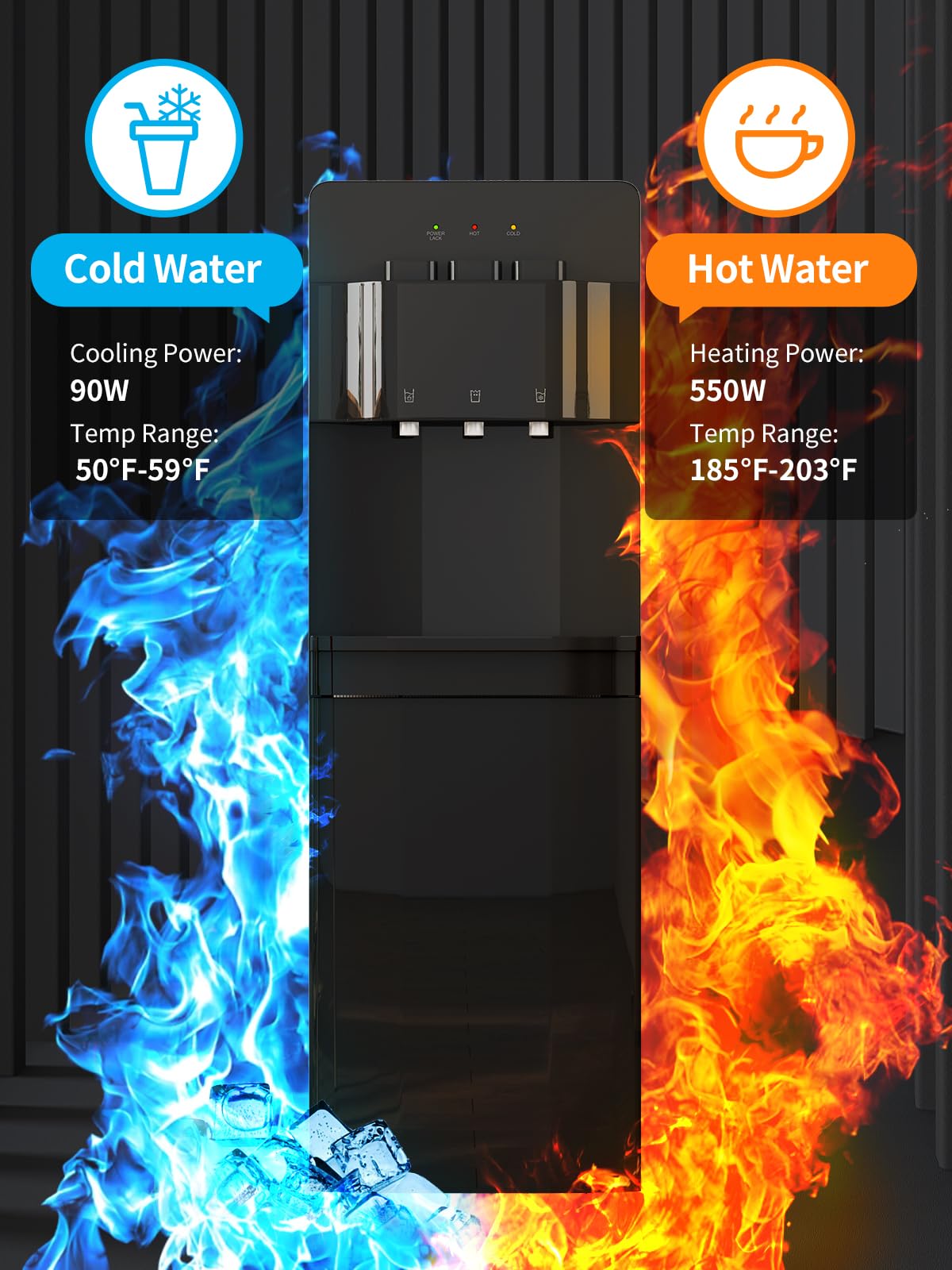 TABU Bottom Loading Water Cooler Dispenser with Hot, Cold & Room Temperature Settings - Child Safety Lock & Anti-Scalding Design for 3/5 Gallon Bottles (Black) - Perfect for Home, Office & School Hydration Needs