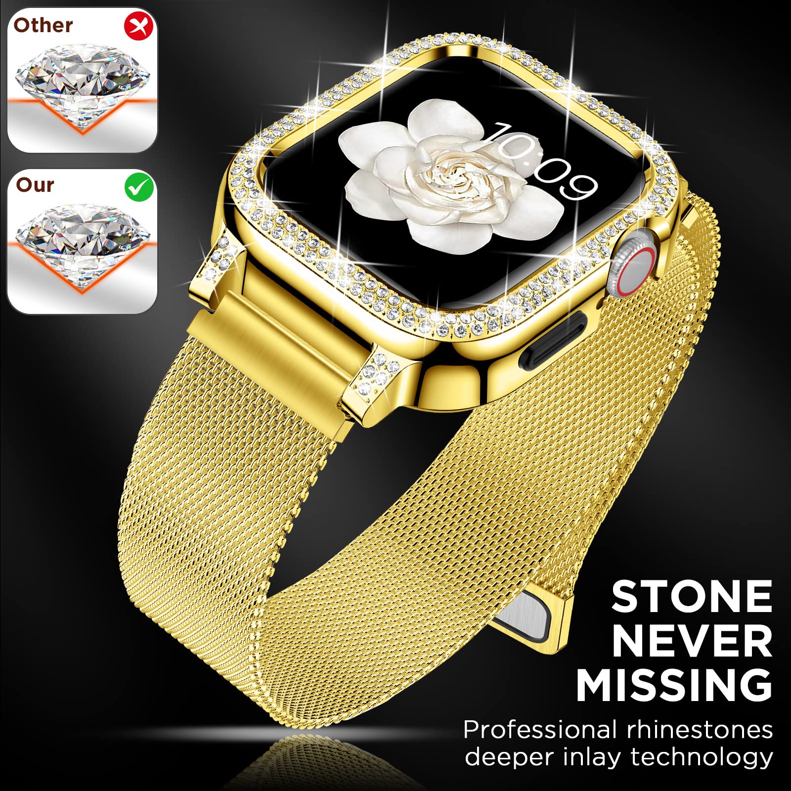 XYF Compatible Apple Watch Band 45mm 44mm 41mm 40mm - Stainless Steel Magnetic Milanese Loop with Rhinestones for Women - Luxury Dressy Strap for iWatch Series 9/8/7/6/SE/5/4 - Perfect for Work, Parties & Everyday Wear