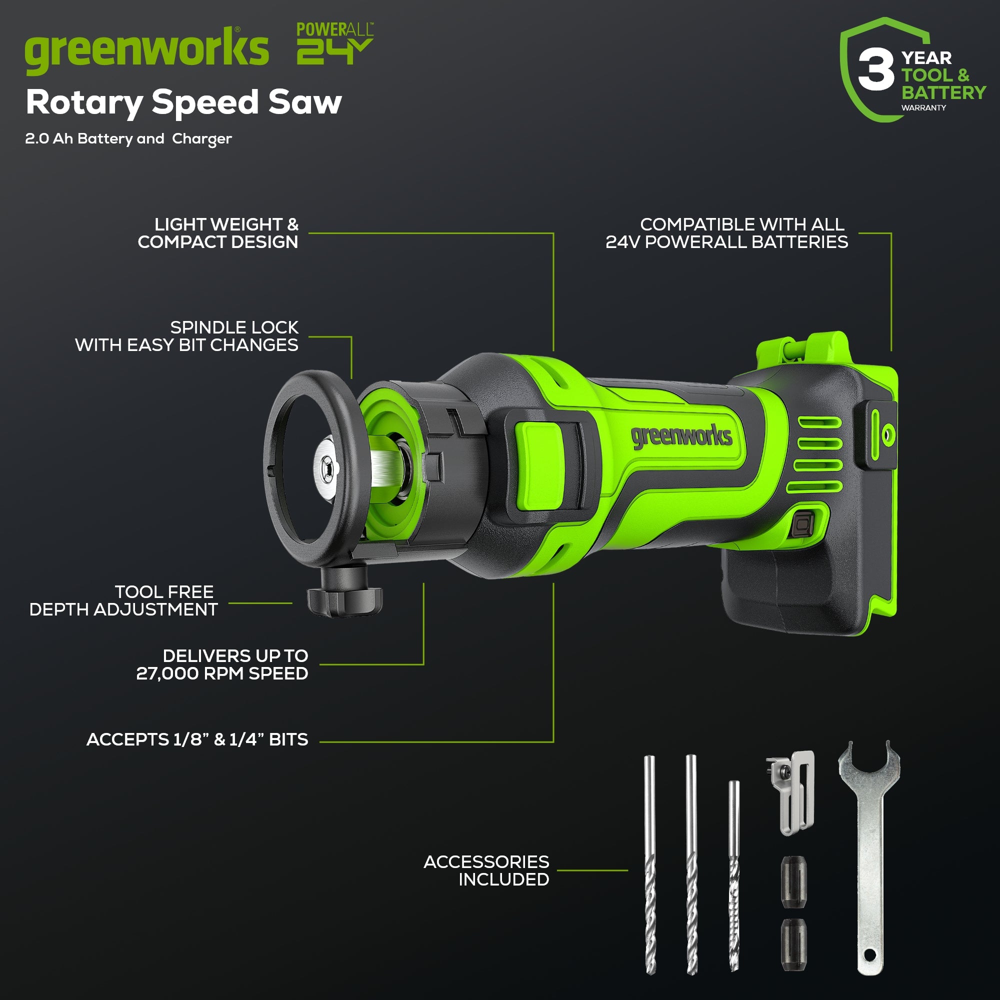 24V Cordless Battery Speed Saw Rotary Tool with 2.0Ah USB Battery & Charger - Perfect for DIY Projects, Woodworking, and Home Renovations
