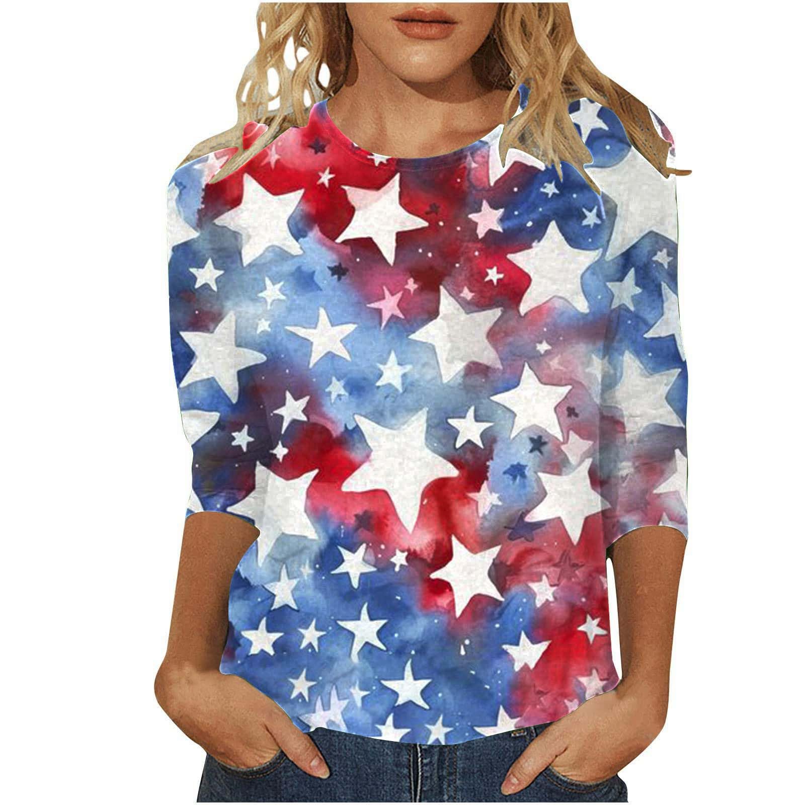 Funny 4th of July T-Shirts for Women - Patriotic American Flag 3/4 Sleeve Tee - USA Memorial Day Shirt - Perfect for Independence Day Celebrations & Summer Outfits
