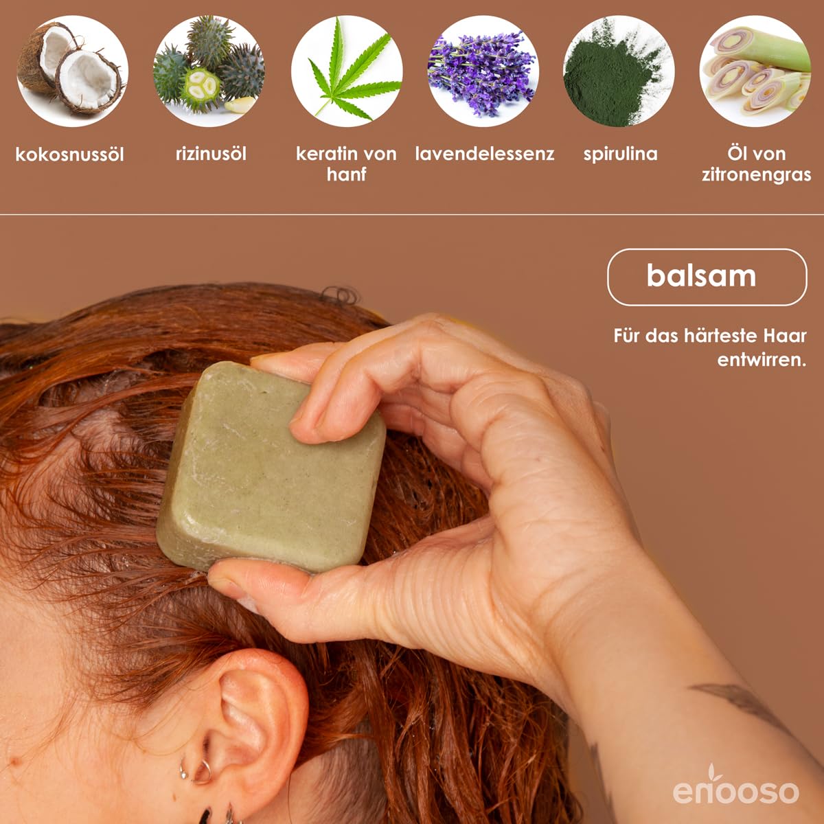 Enooso | Organic Festes Shampoo and Conditioner Set - Charcoal & Orange Soap-Free Solid Shampoo Bar with Hemp Keratin, Coconut Oil, Lemongrass - 100% Vegan & Plastic-Free - 120g - Perfect for Travel, Gym & Eco-Friendly Hair Care