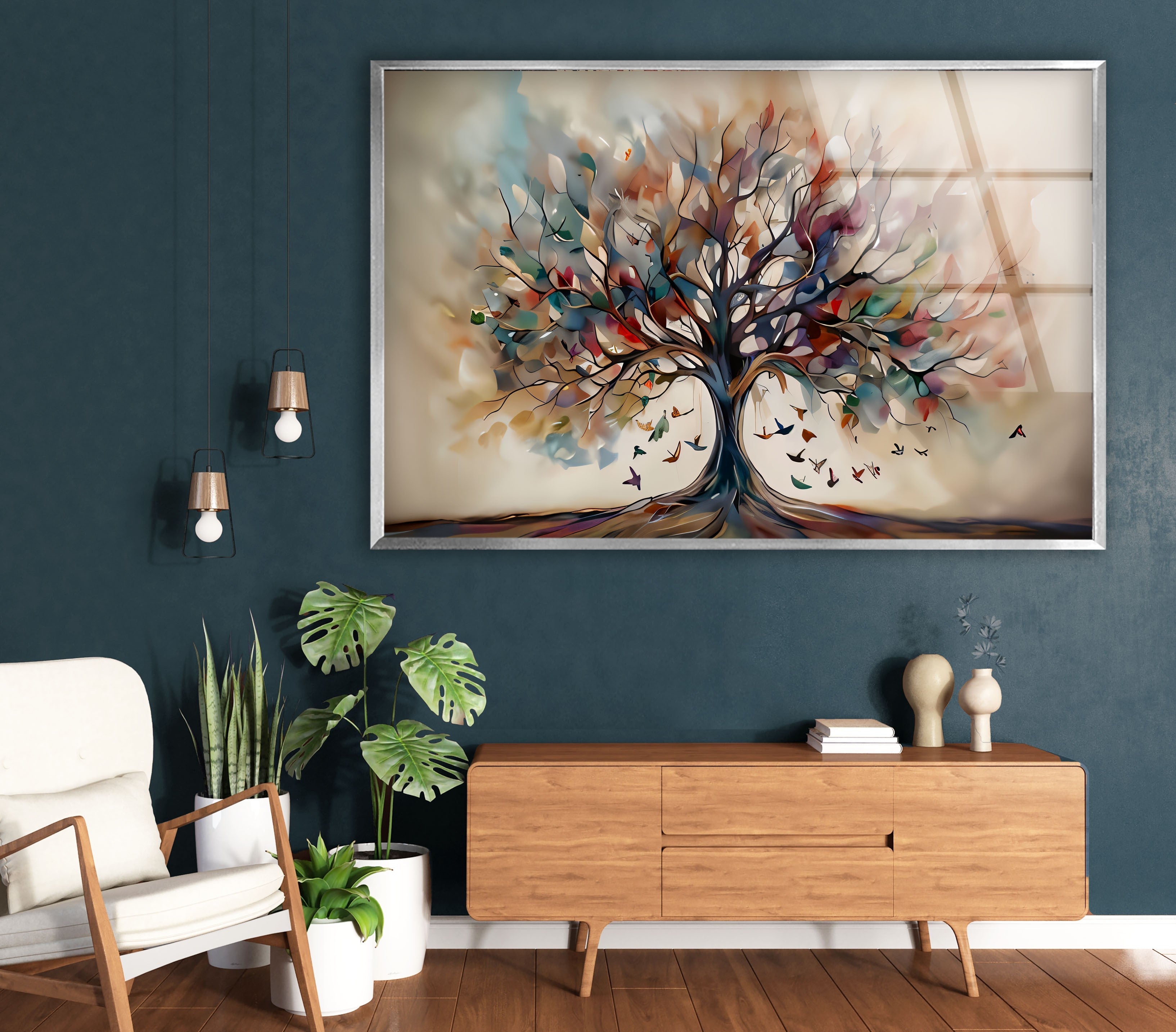 Beige Tree Glass Wall Art - Elegant Home Decor for Living Room, Bedroom & Office - Perfect for Modern & Boho Interiors