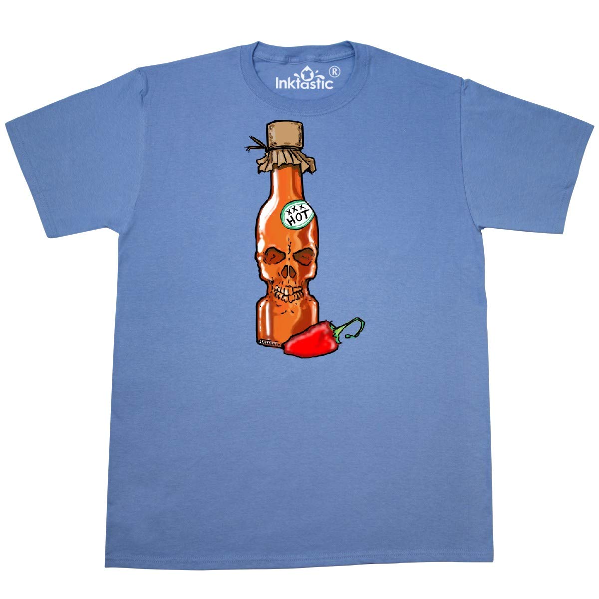 Inktastic Hot Sauce Skull Bottle with Pepper Graphic T-Shirt - Spicy Food Lover Tee for Men & Women - Perfect for BBQ Parties, Cooking Enthusiasts, and Hot Sauce Fans