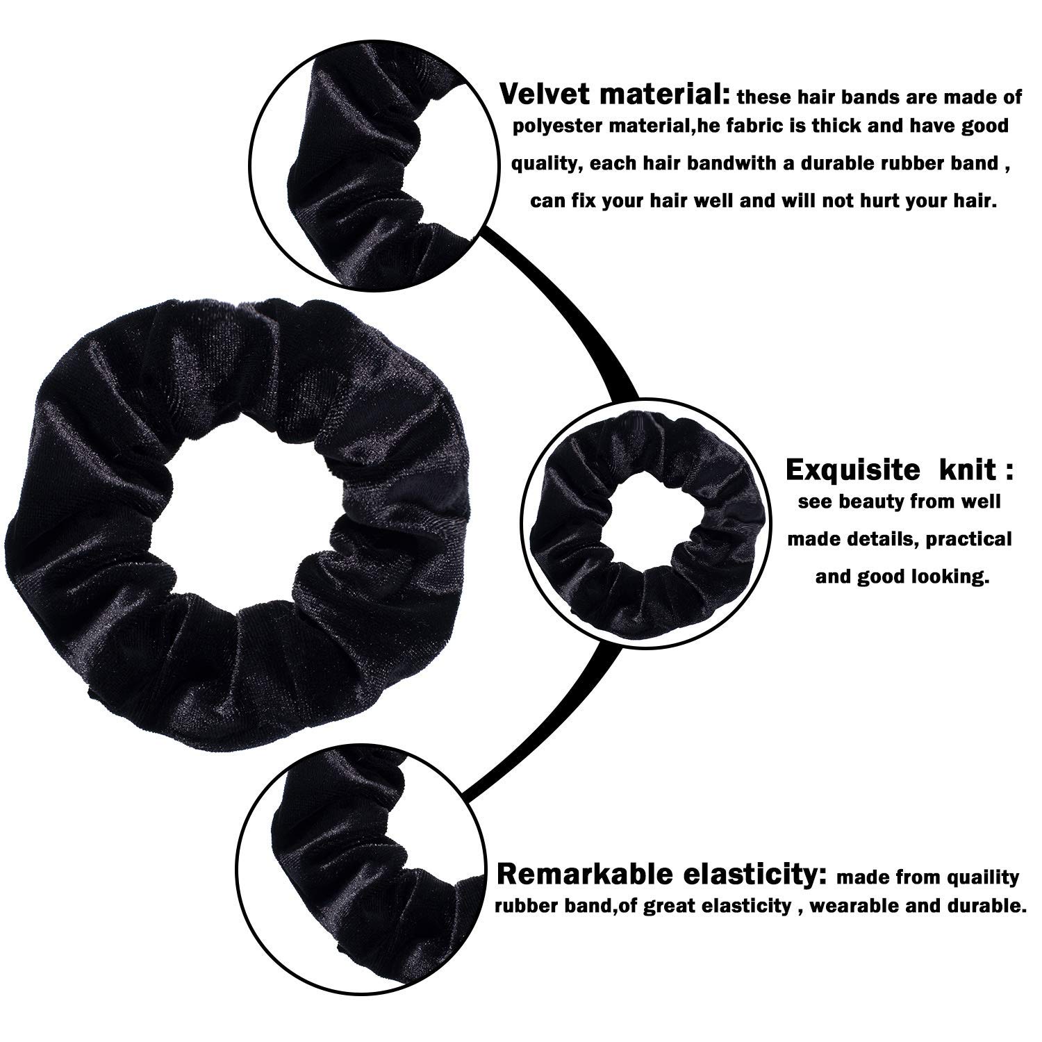Fameza 12-Pack Velvet Hair Scrunchies - Soft Elastic Hair Ties for Women & Girls (Black) | Perfect for Workouts, Office, School & Everyday Use