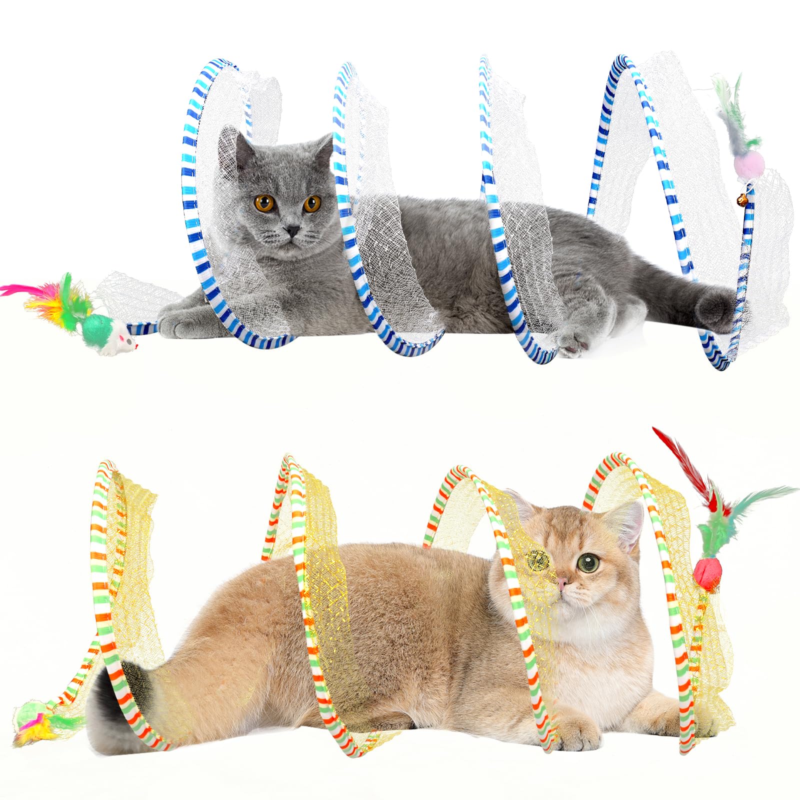 2 Packs Foldable Cat Tunnel for Indoor & Outdoor Play - Interactive Cat Toy Tunnel with Donut Design, Large Kitten Bed & Spring Toys for Stress Relief - Perfect for Playtime, Exercise & Relaxation