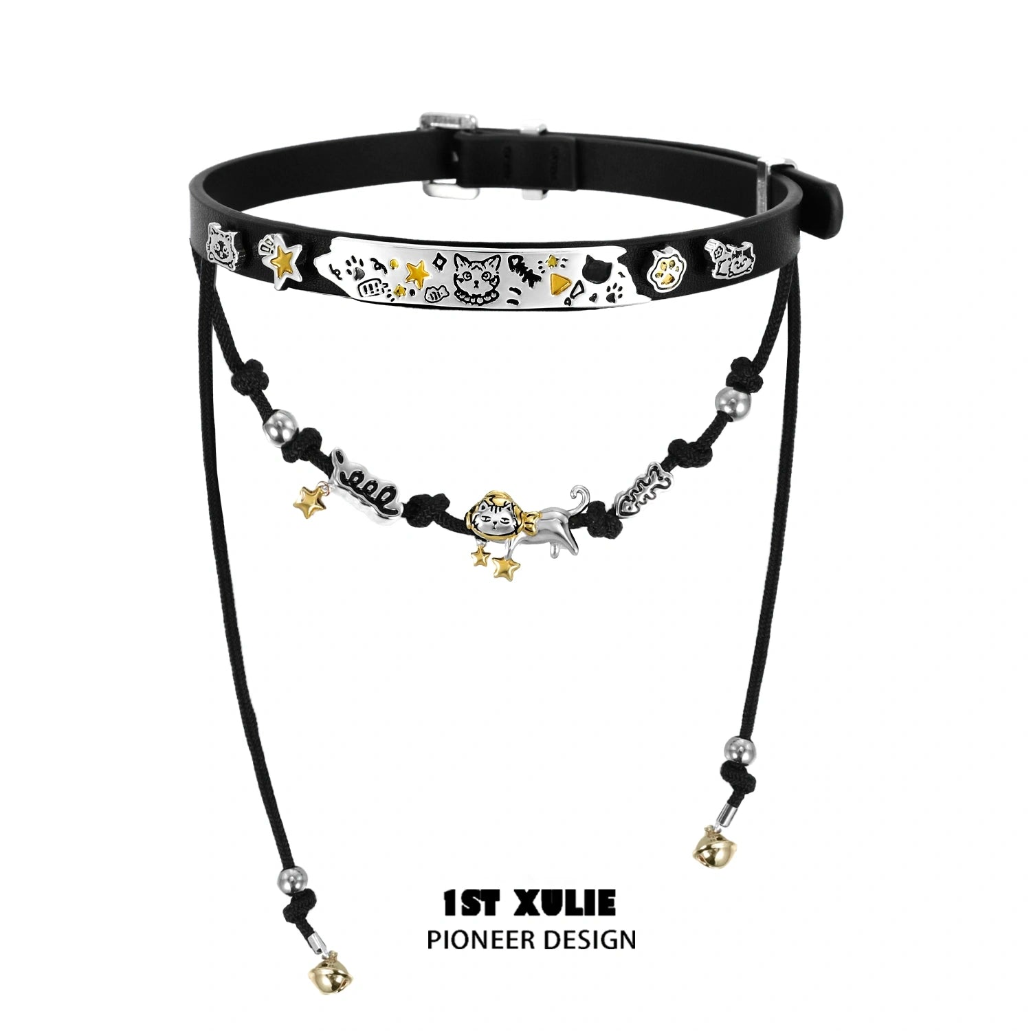 Graffiti Kitten Lazy Cat 18K Gold Plated Leather & Nylon Choker Necklace for Women - Trendy Gothic Punk Jewelry for Concerts, Parties & Everyday Wear