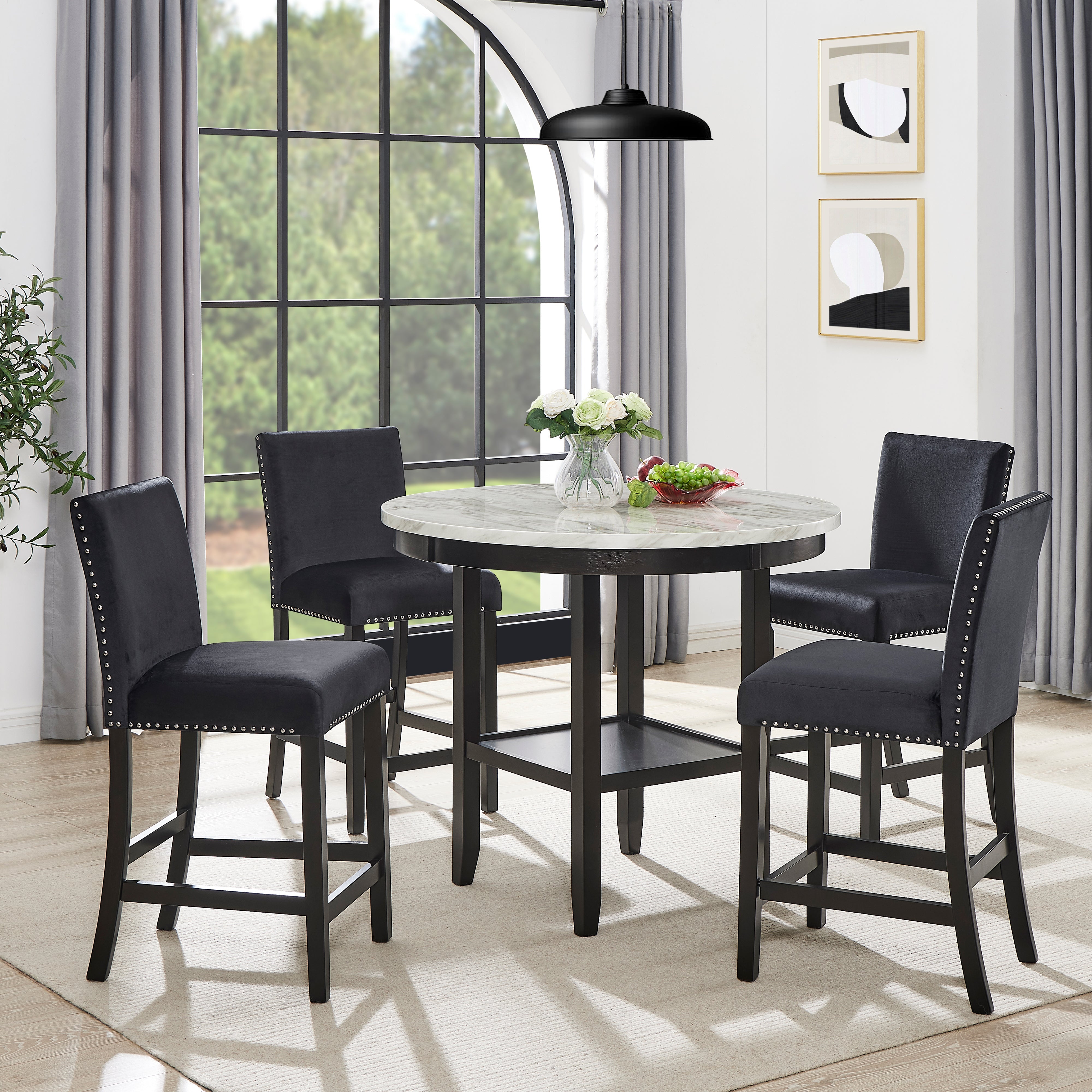 Roundhill Furniture 5-Piece Mella Counter Height Dining Set - Round Faux Marble Table with 4 Black Velvet Parsons Stools - Perfect for Kitchen, Breakfast Nook & Small Space Dining