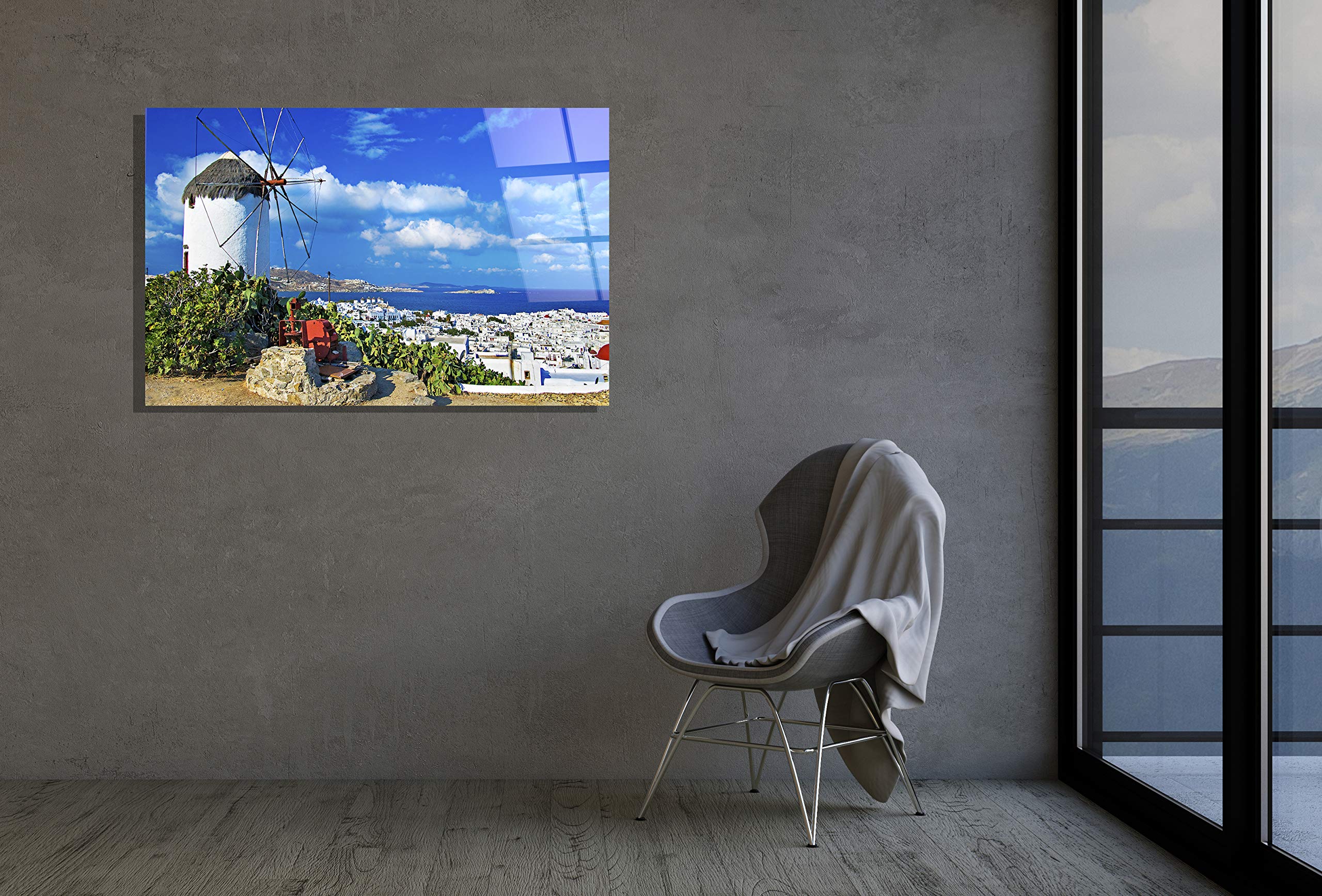 Greece Sea City Wall Art - Tempered Glass Home & Office Decor Print - Perfect for Living Room, Bedroom, or Gift Giving