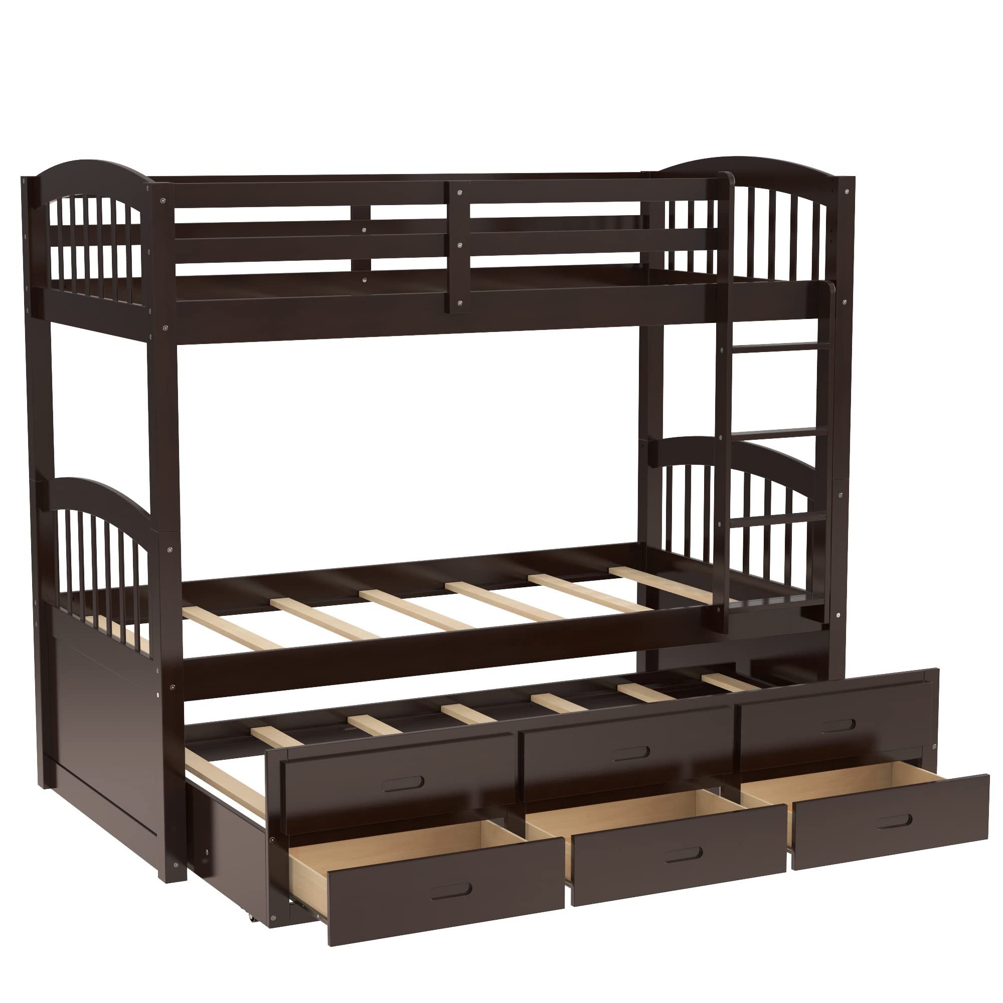 Harper & Bright Designs Solid Wood Twin Over Twin Bunk Bed with Trundle - 3 Storage Drawers, Safety Rail, Convertible to 2 Beds - No Box Spring Needed (Espresso) - Perfect for Kids' Bedroom, Guest Room & Space-Saving Solutions