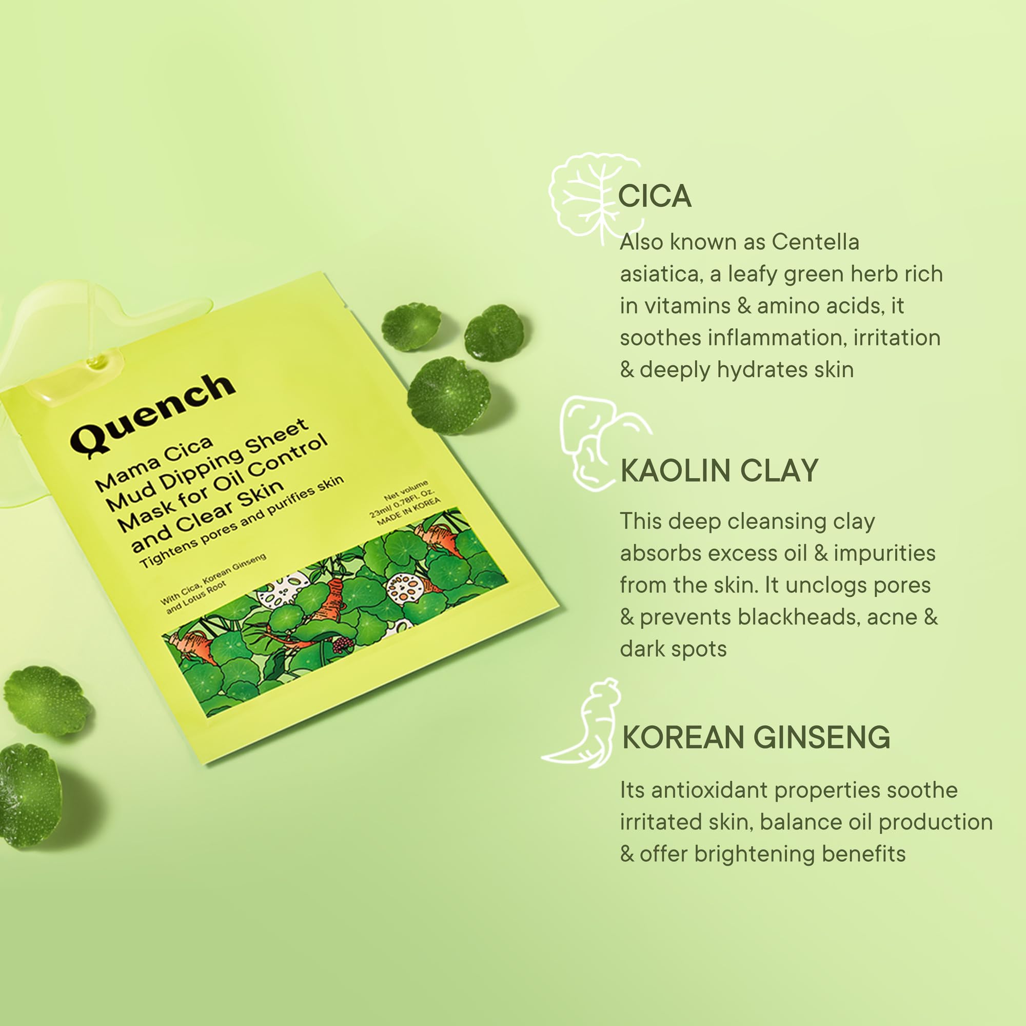 Quench Mud Sheet Mask with Cica Herb Repair | Korean Clay Face Mask for Oily & Acne-Prone Skin | Pore Tightening & Oil Control | Deep Cleansing & Skin Repair | Made in Korea (Pack of 1, 23ml) | Perfect for Spa Night & Post-Workout Skin Care
