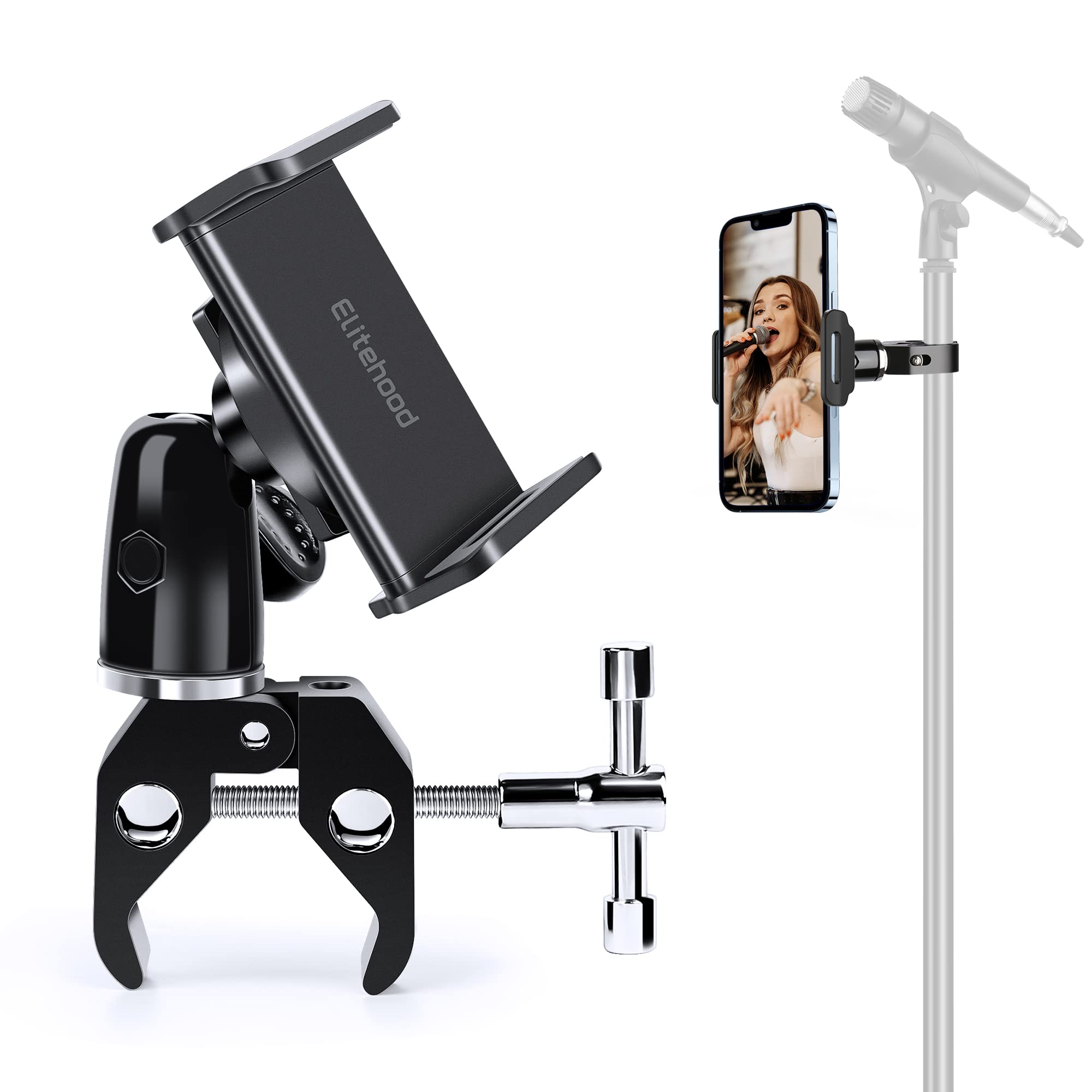 Elitehood 360° Swivel Tilt Mic Stand Phone Holder - Adjustable Phone Mount for Music Recording, Live Streaming & Podcasting - Universal Metal Clamp for iPhone & Android Smartphones - Perfect for Studio, Home & Stage Use
