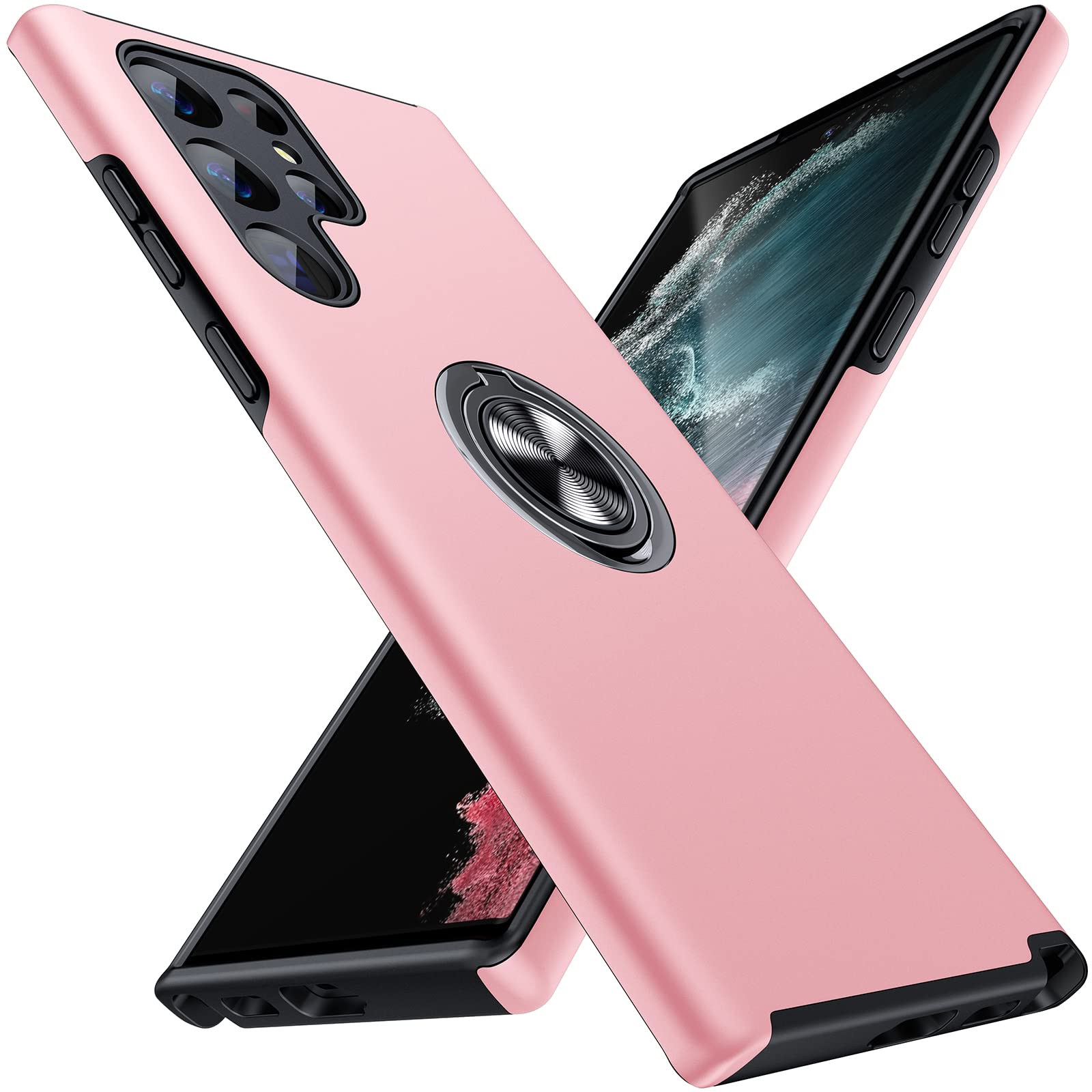Slim Soft Protective Case for Samsung Galaxy S22 Ultra with Invisible Ring Holder & Kickstand - Pink | Shockproof Bumper Cover for Daily Use, Work & Travel