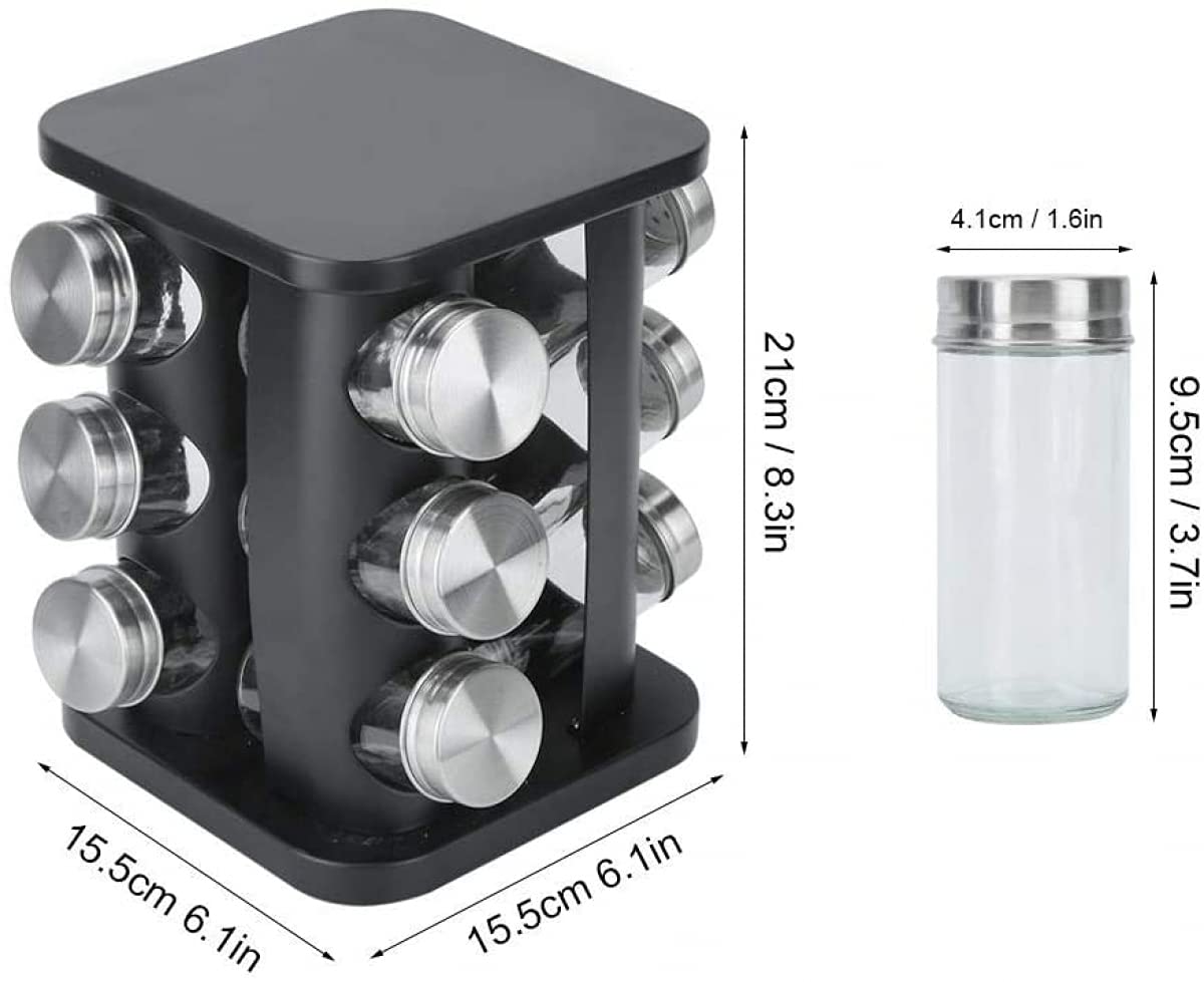 Qiuqiu 360° Rotating Spice Rack Organizer - 12 Glass Jars with Stainless Steel Base | Space-Saving Kitchen Storage for Spices, Herbs & Seasonings | Perfect for Countertop, Pantry & Small Kitchen Organization