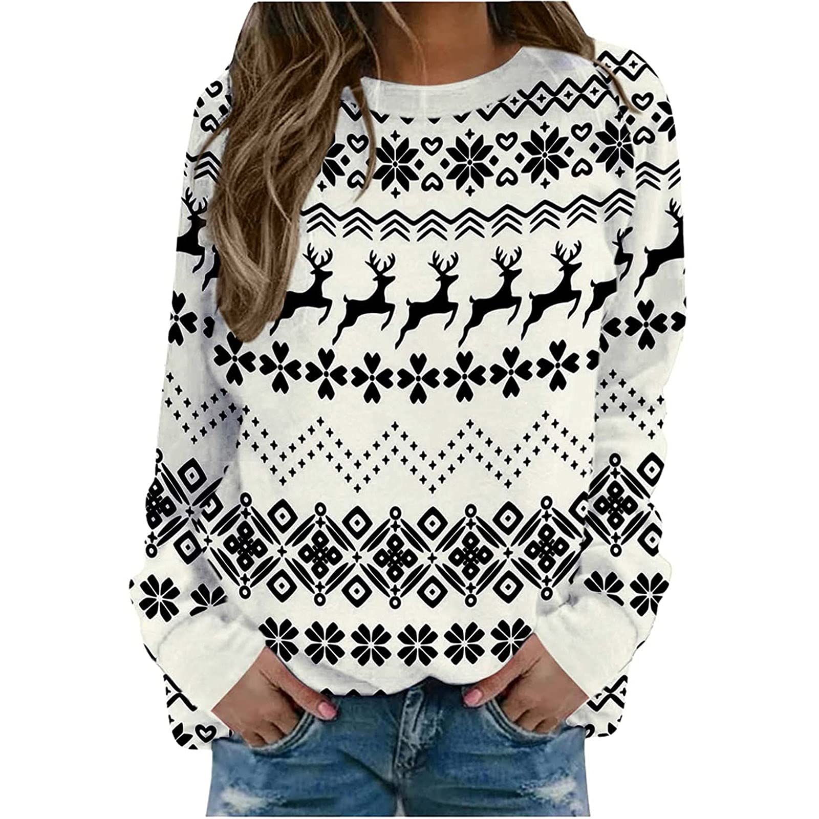 Miximx Women's Christmas Printed Long Sleeve Crewneck Sweatshirt - Cute Holiday Pullover Top, Loose Fit Casual Comfortable Shirt in White - Perfect for Holiday Parties, Family Gatherings & Festive Outfits