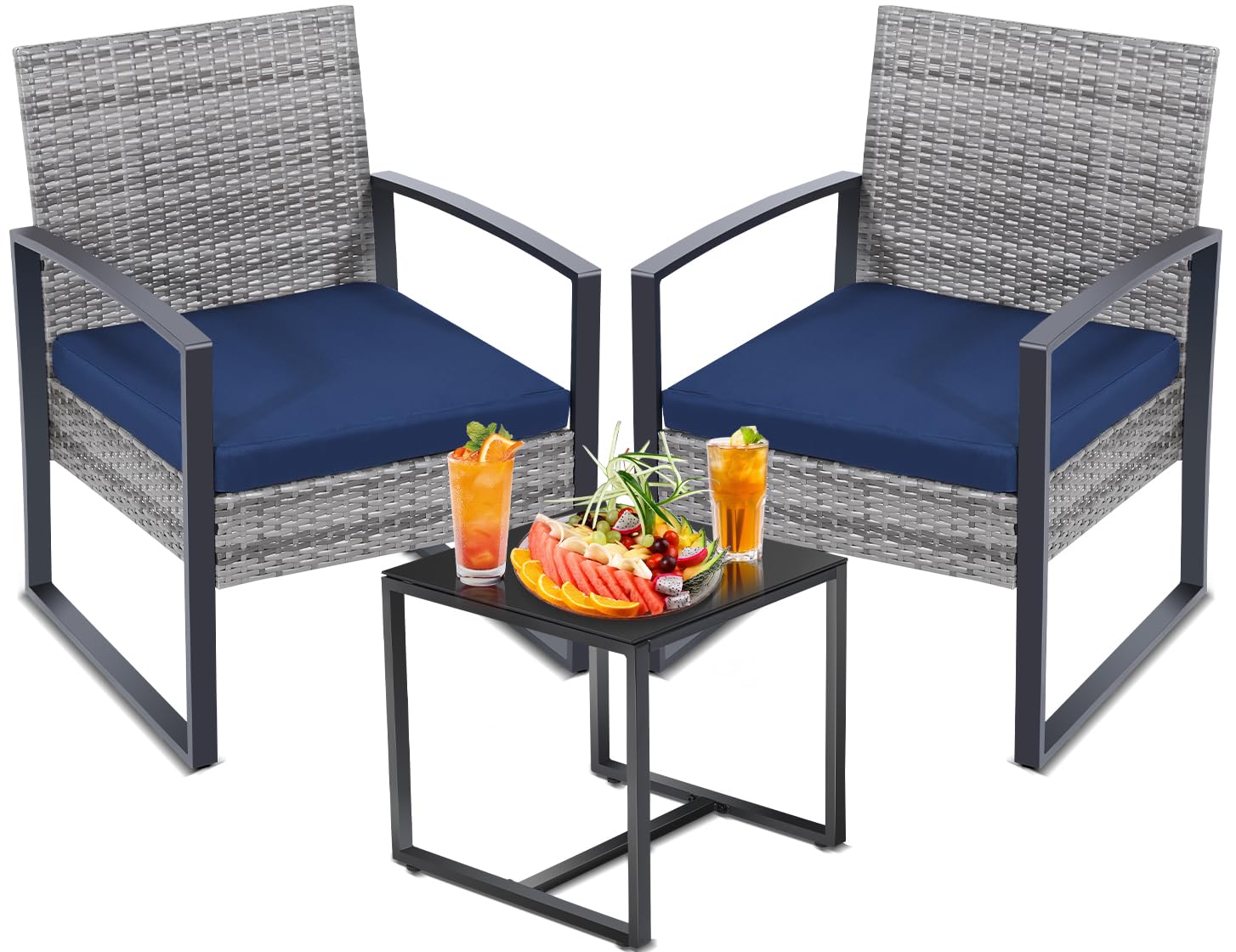3-Piece Outdoor Wicker Bistro Set with Table & 2 Chairs - Grey Frame & Blue Cushions - Perfect for Patio, Porch, Balcony or Garden Conversation Area